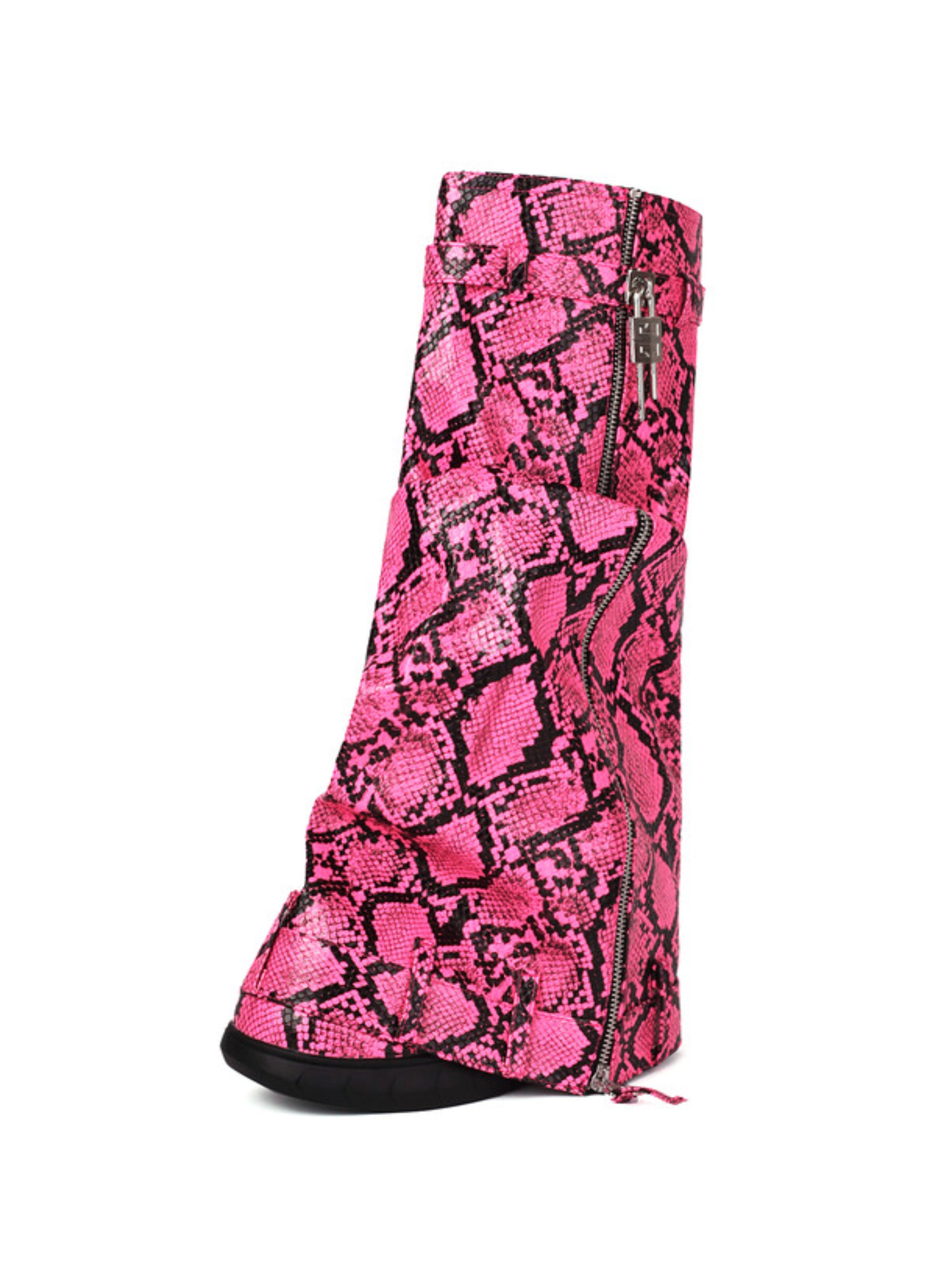 Pink Snakeskin Fold Over Platform Wedge Heel Tall Boots for Women