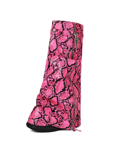 Pink Snakeskin Fold Over Platform Wedge Heel Tall Boots for Women