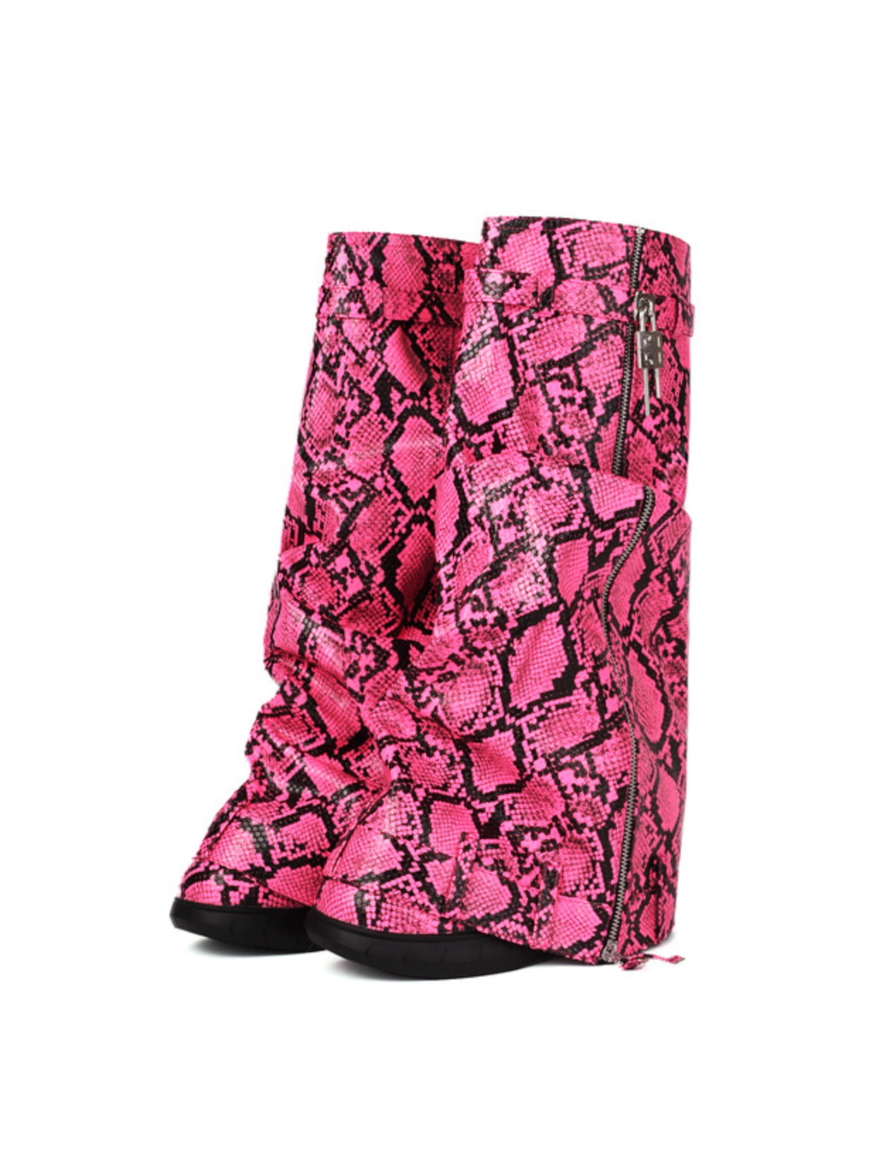 Pink Snakeskin Fold Over Platform Wedge Heel Tall Boots for Women