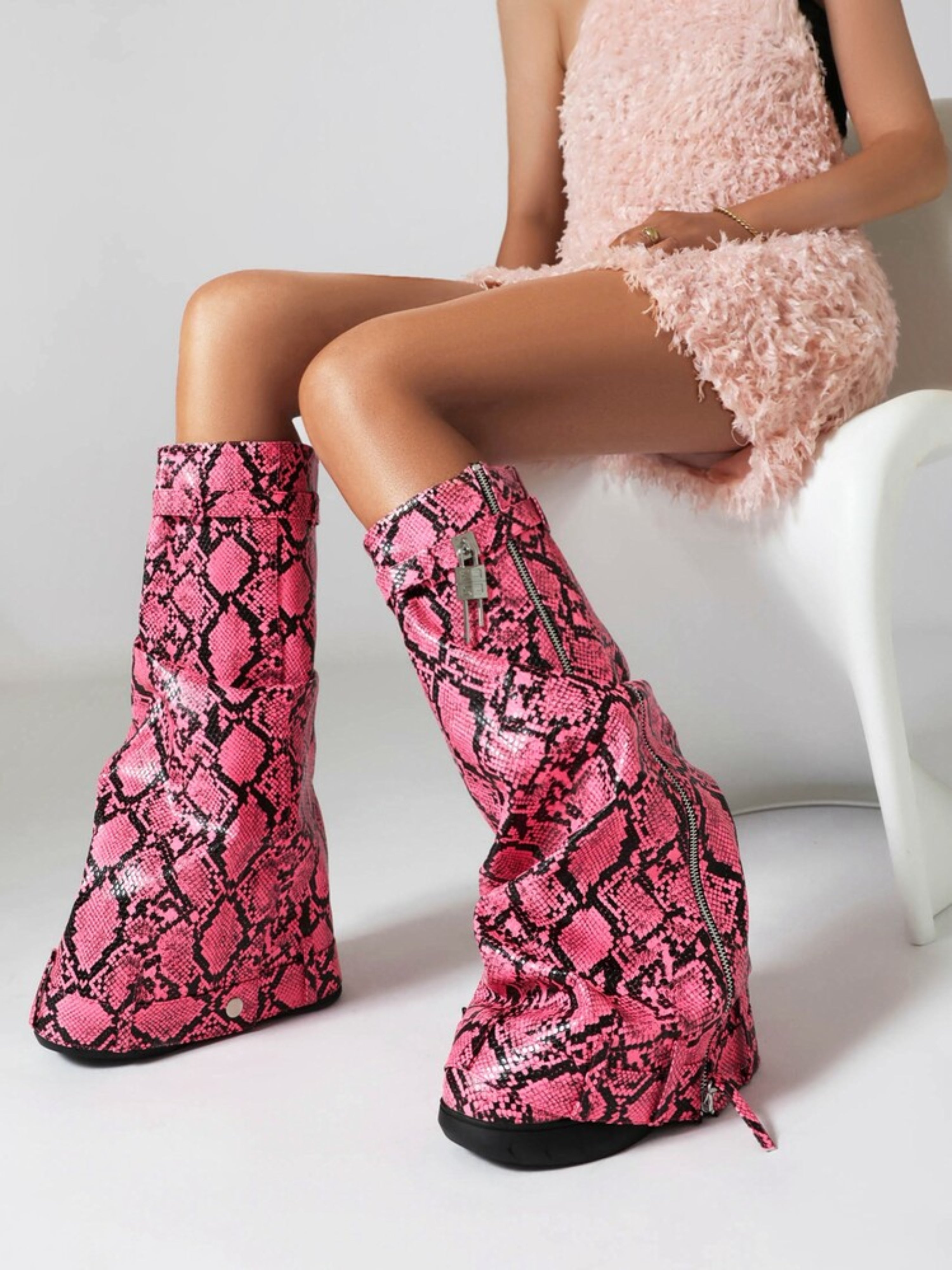 Pink Snakeskin Fold Over Platform Wedge Heel Tall Boots for Women