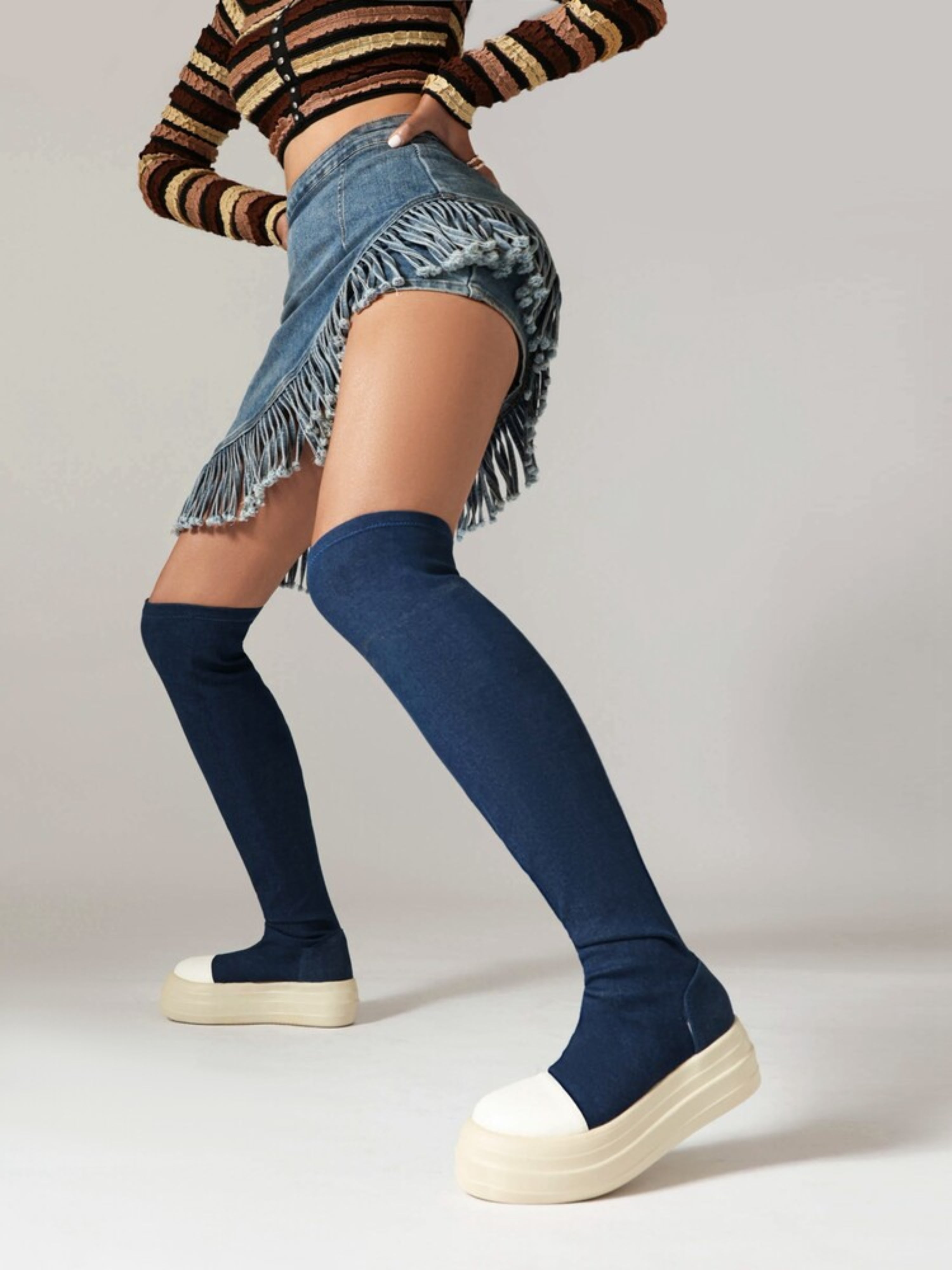 Navy Blue Round Toe Women's Thigh High Boots