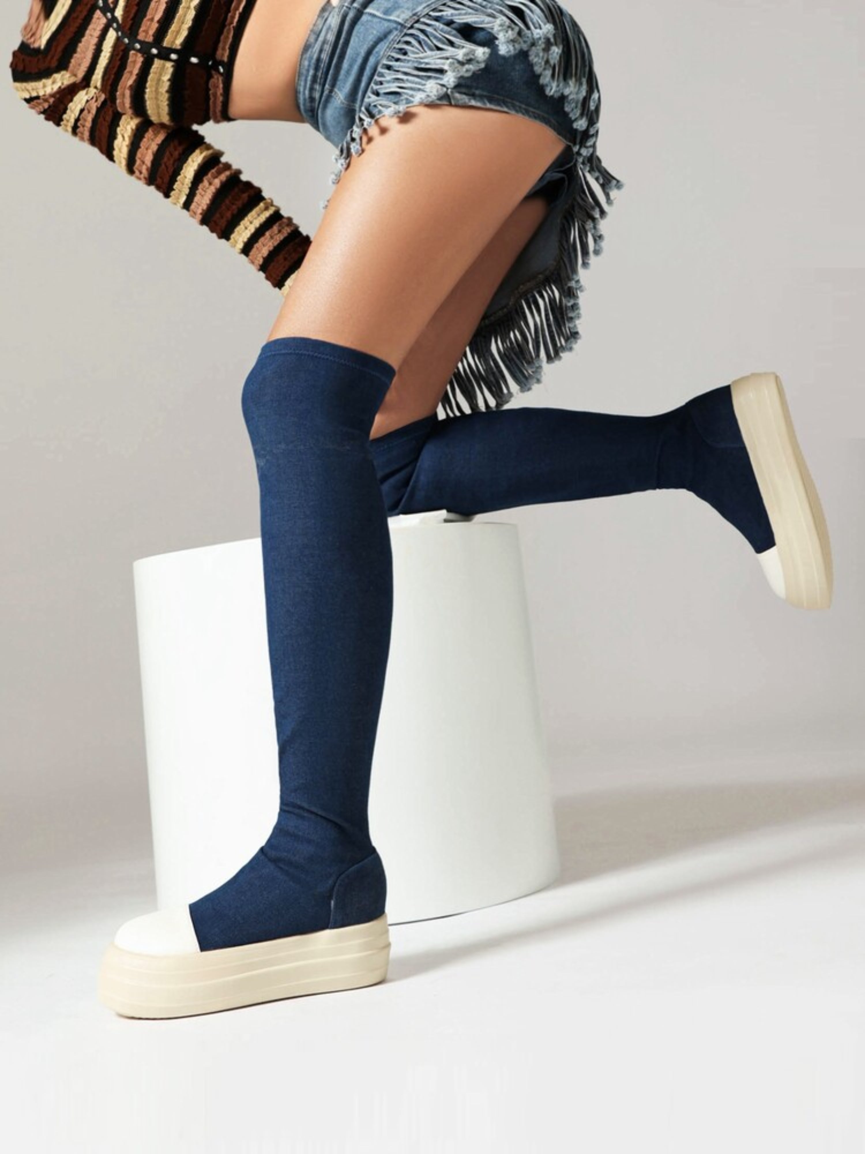 Navy Blue Round Toe Women's Thigh High Boots