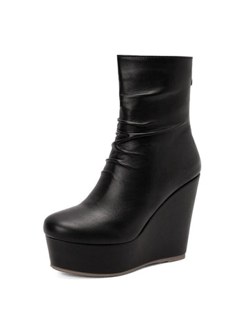 Black Round Toe Platform Wedge Heels Ankle Boots