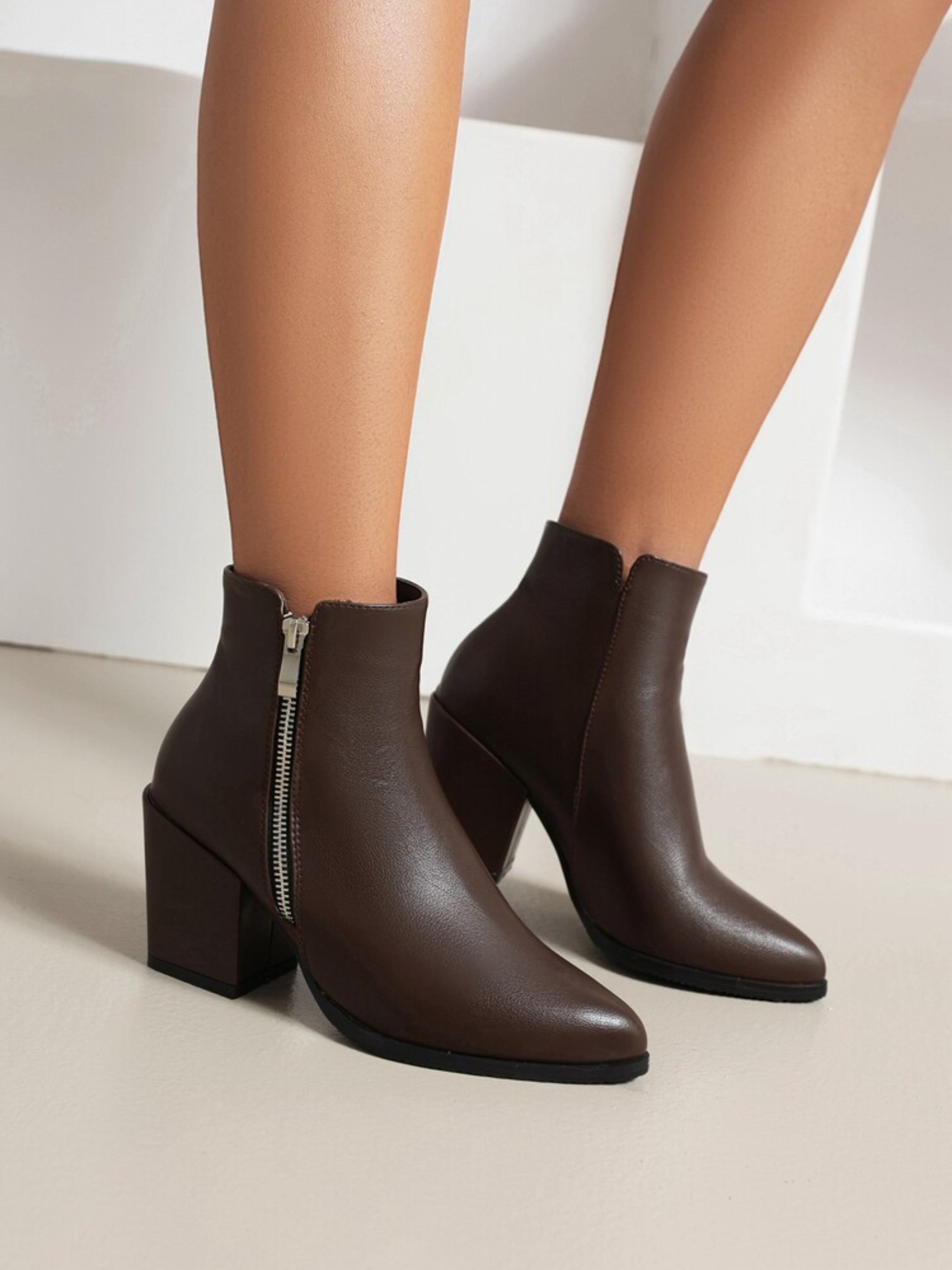 Classic Chocolate Brown Mid-Heel Ankle Boots for Women