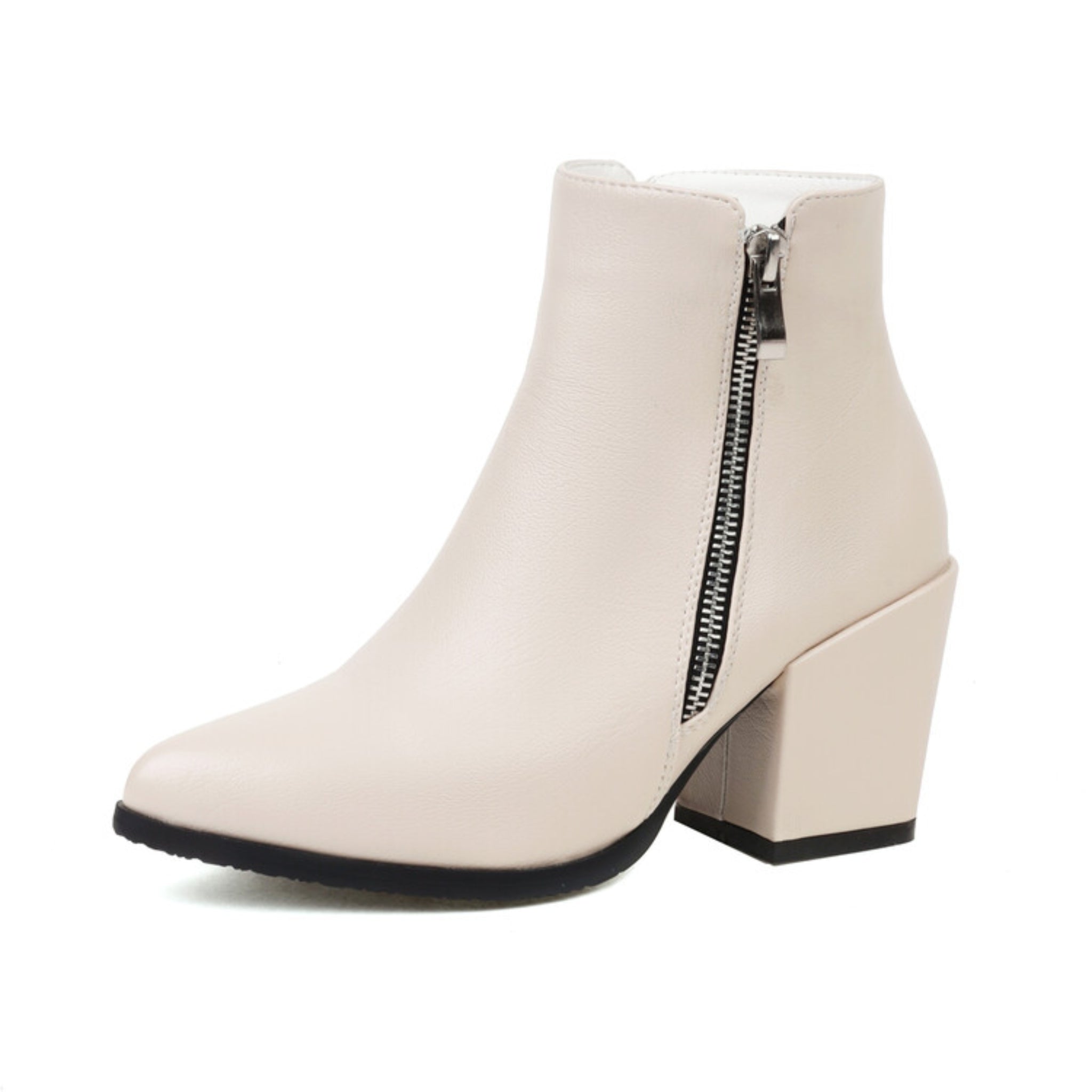 Ivory Pointed Toe Block Heel Ankle Boots with Zipper