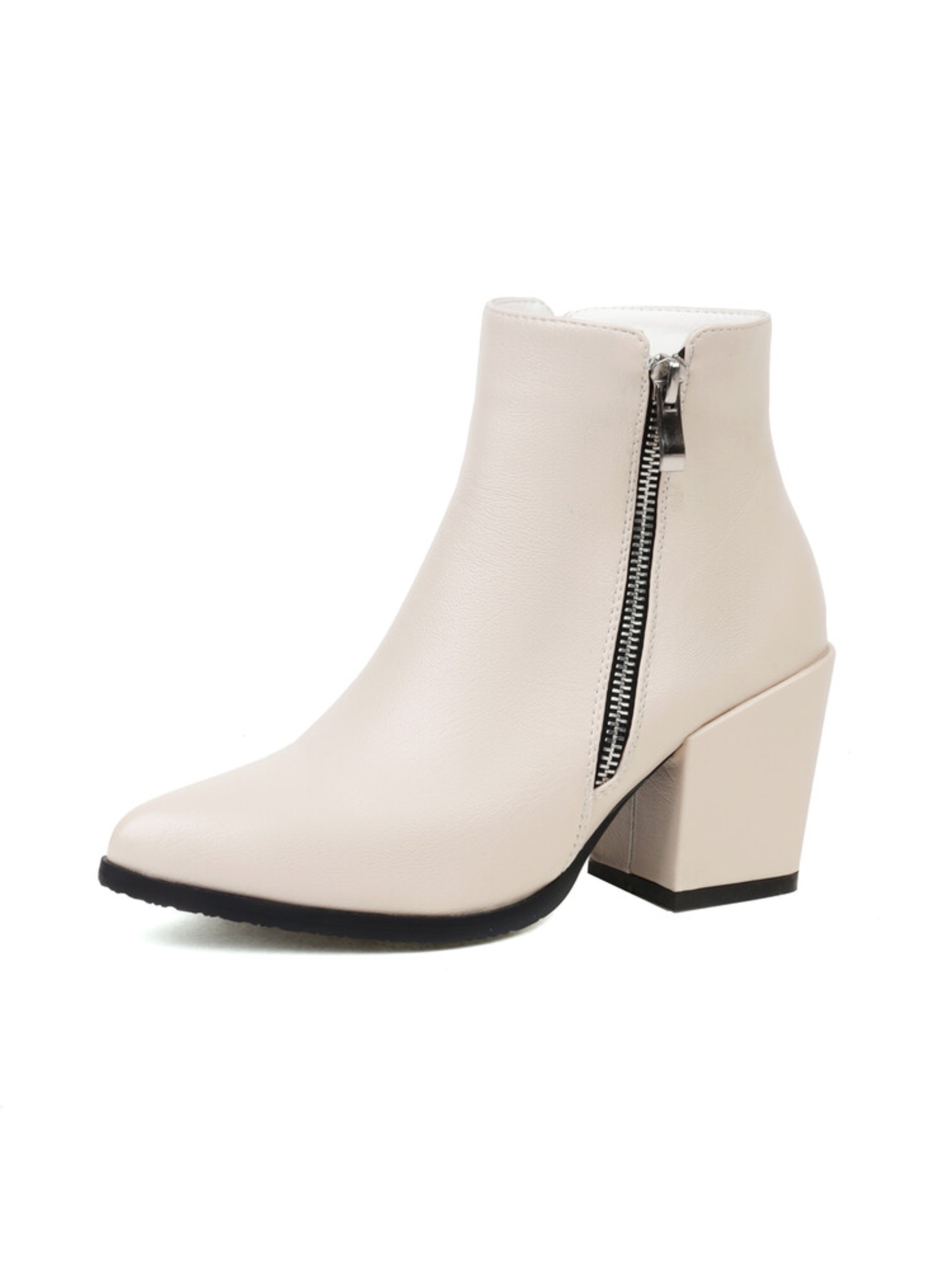 Ivory Pointed Toe Block Heel Ankle Boots with Zipper