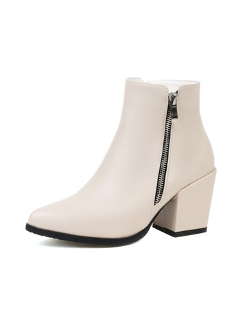 Ivory Pointed Toe Block Heel Ankle Boots with Zipper