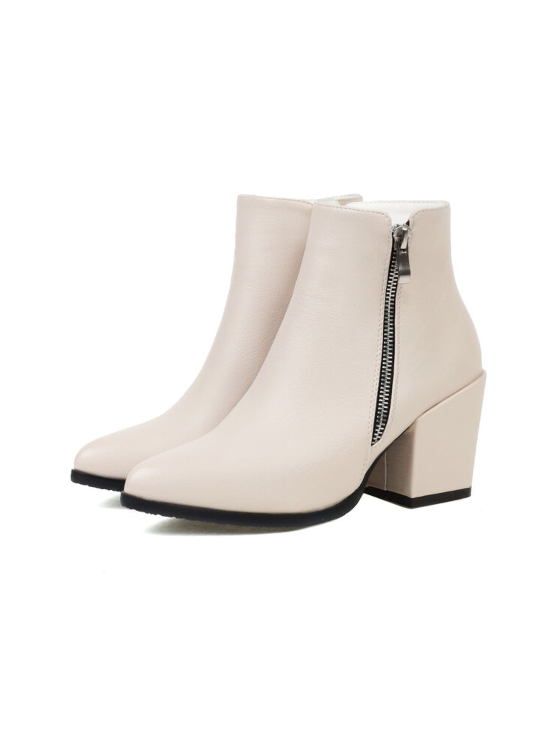 Ivory Pointed Toe Block Heel Ankle Boots with Zipper