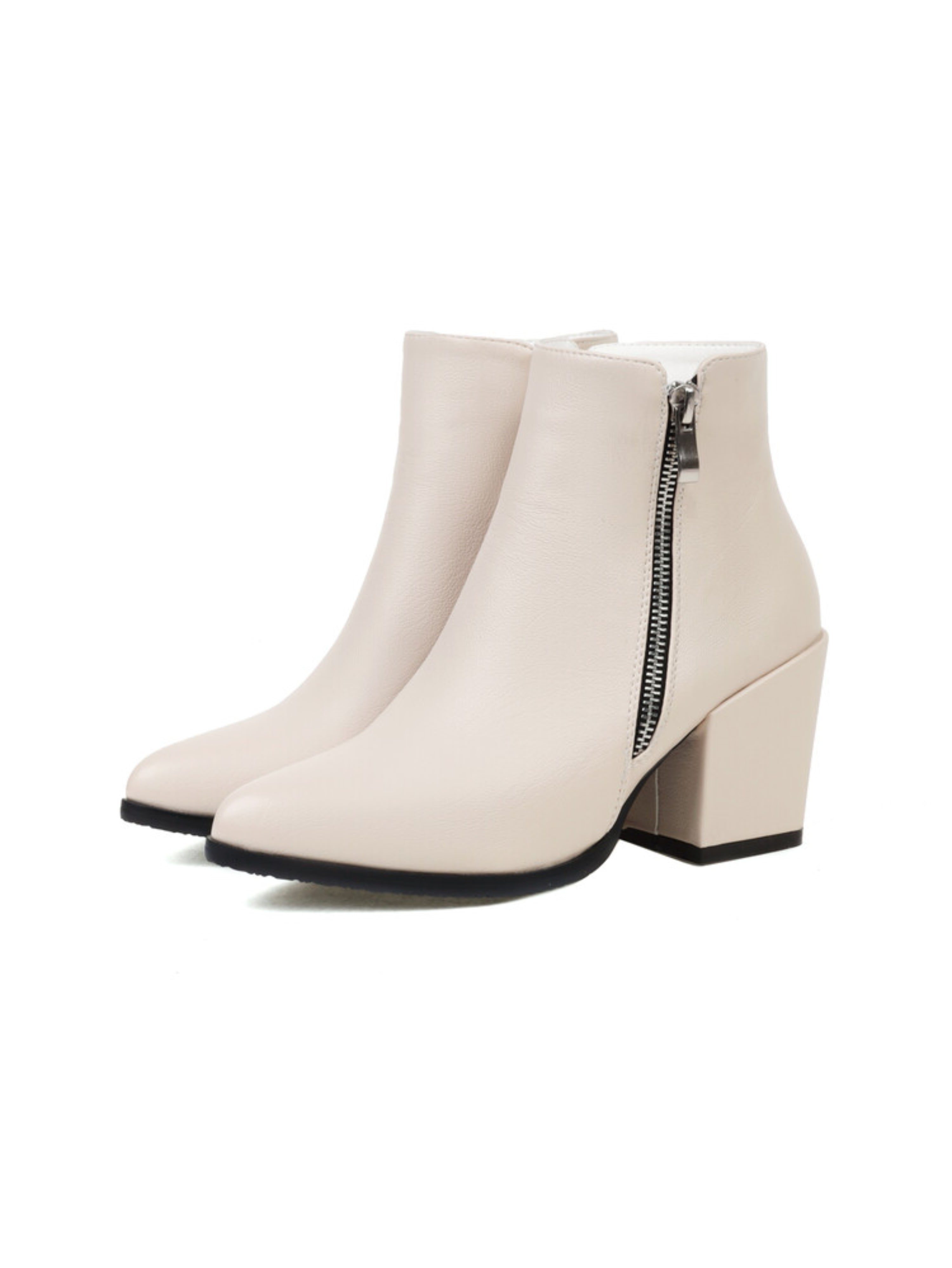 Ivory Pointed Toe Block Heel Ankle Boots with Zipper