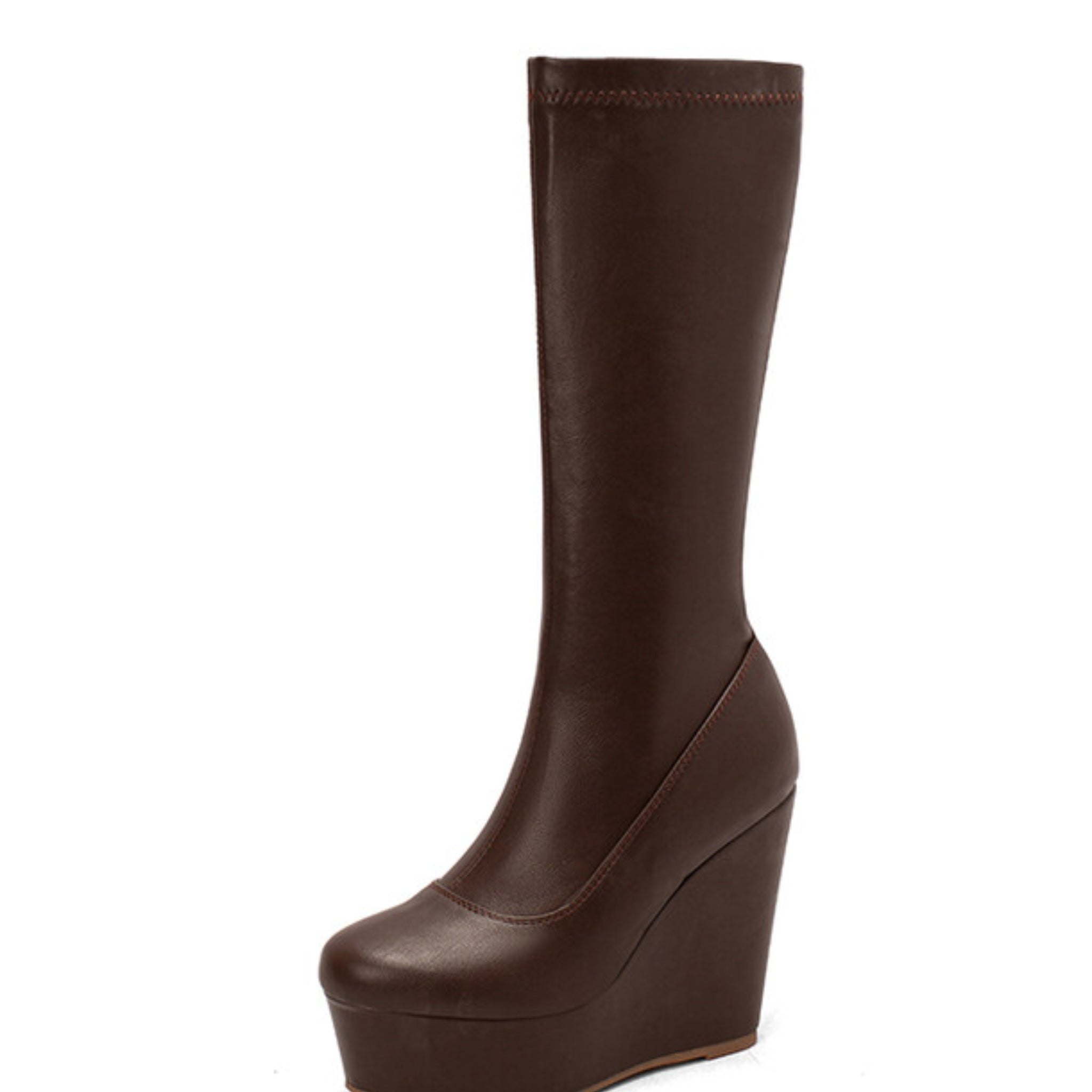 Brown Wedge High Heel Slip-On Platform Long Boots Women