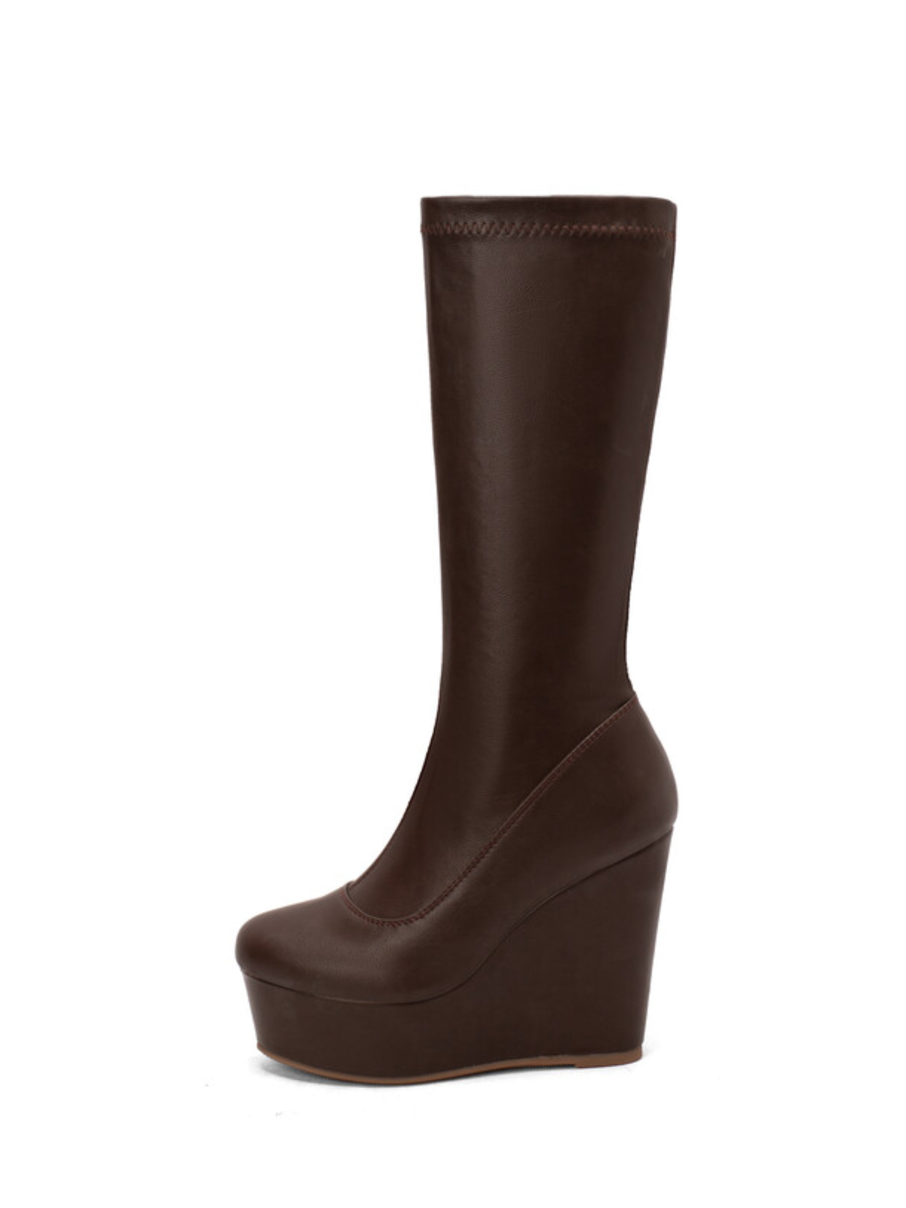 Brown Wedge High Heel Slip-On Platform Long Boots Women