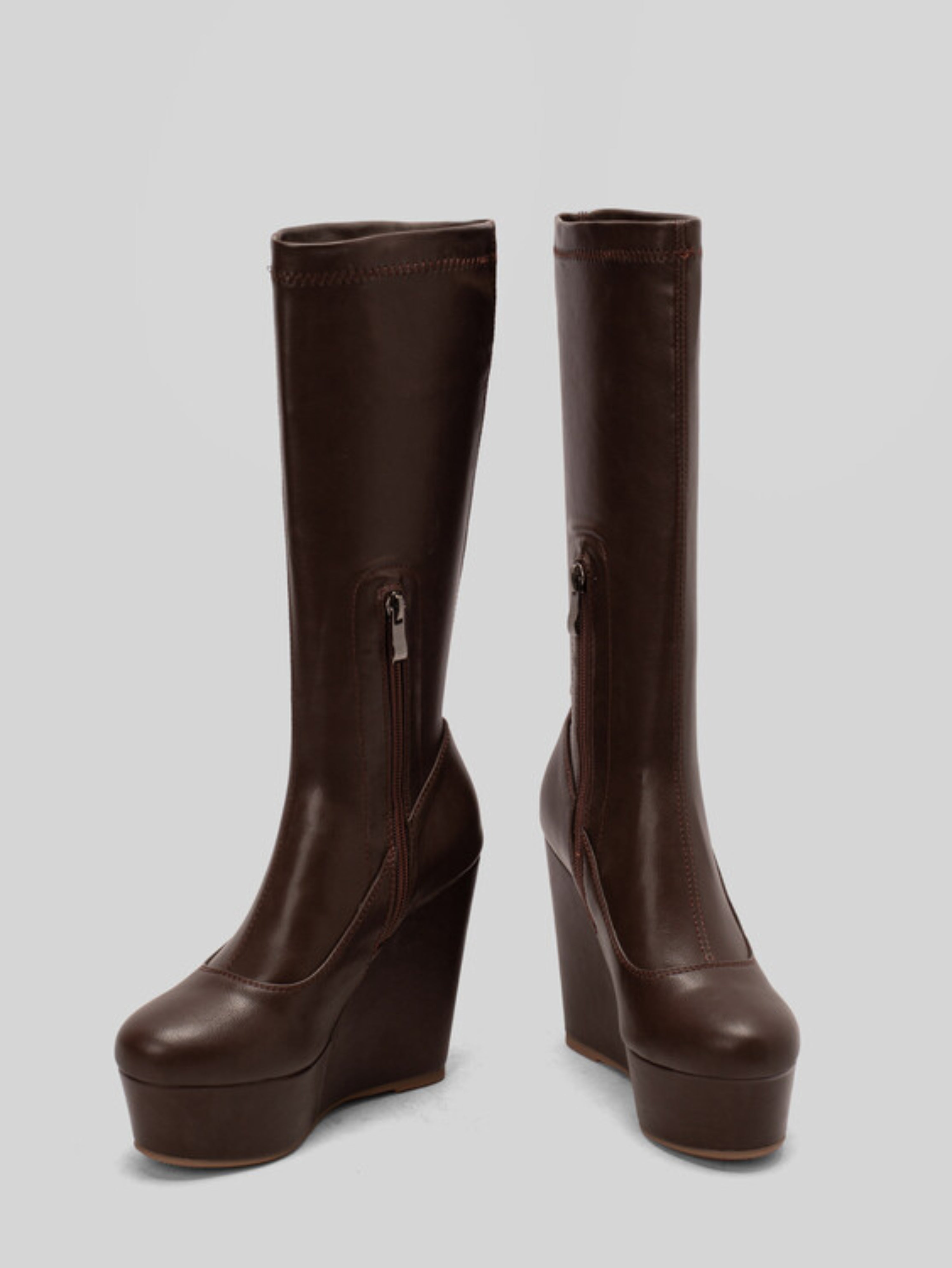 Brown Wedge High Heel Slip-On Platform Long Boots Women