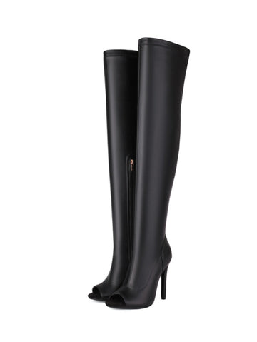 Black Peep Toe High-Heel Knee-High Boots for Women