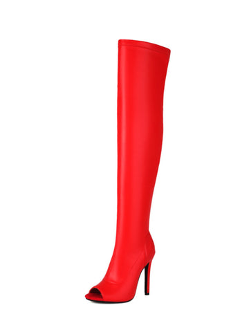Women's Red Over-the-Knee High Heel Peep Toe Boots