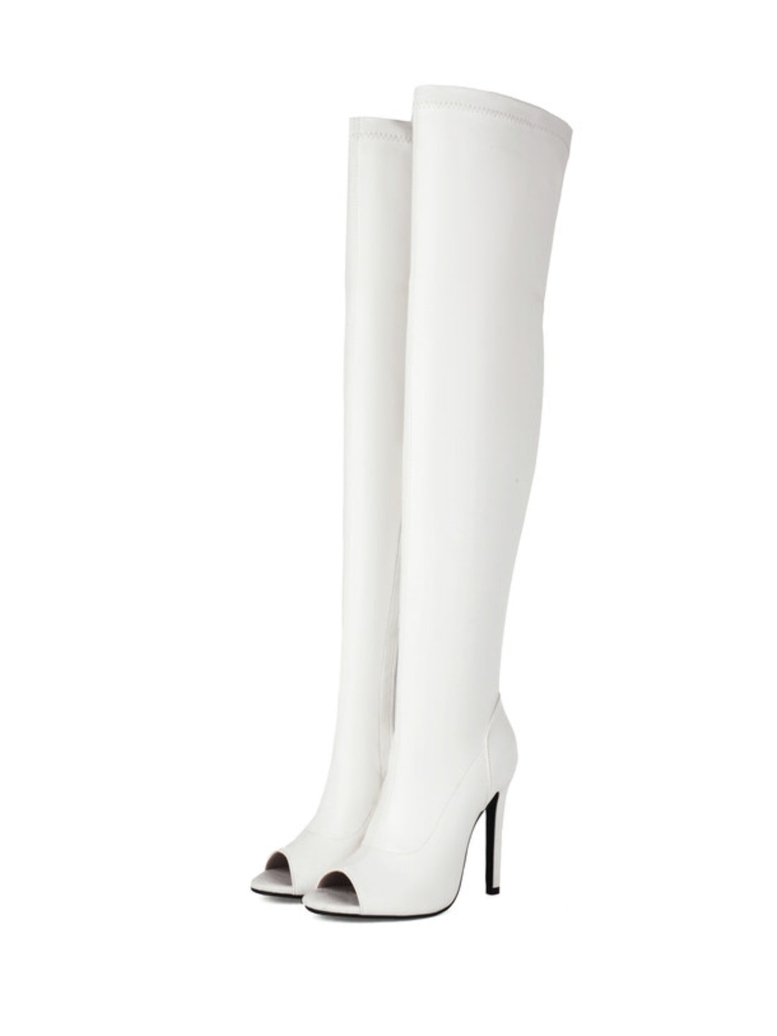 Ladies' White Heeled Thigh High Peep Toe Boots