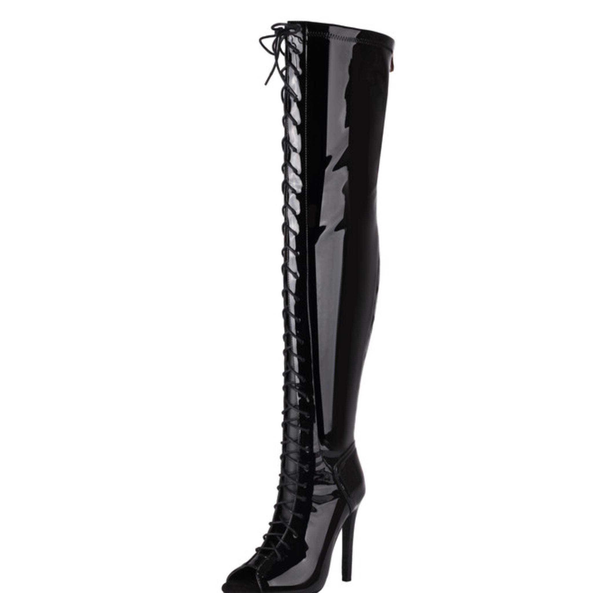 Black Lace-Up High-Heel Thigh-High Peep Toe Boots