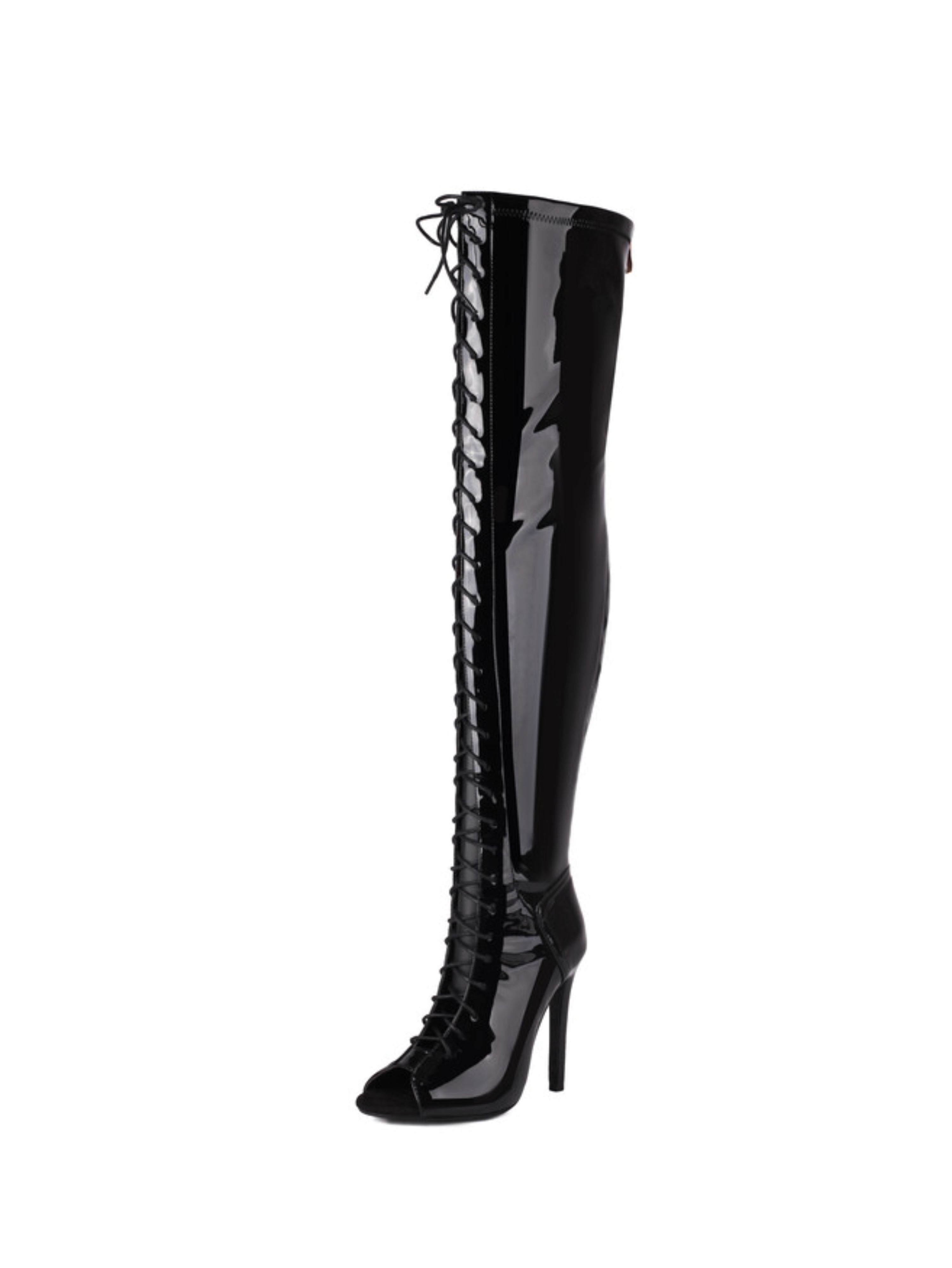Black Lace-Up High-Heel Thigh-High Peep Toe Boots