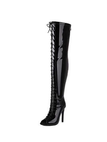Black Lace-Up High-Heel Thigh-High Peep Toe Boots