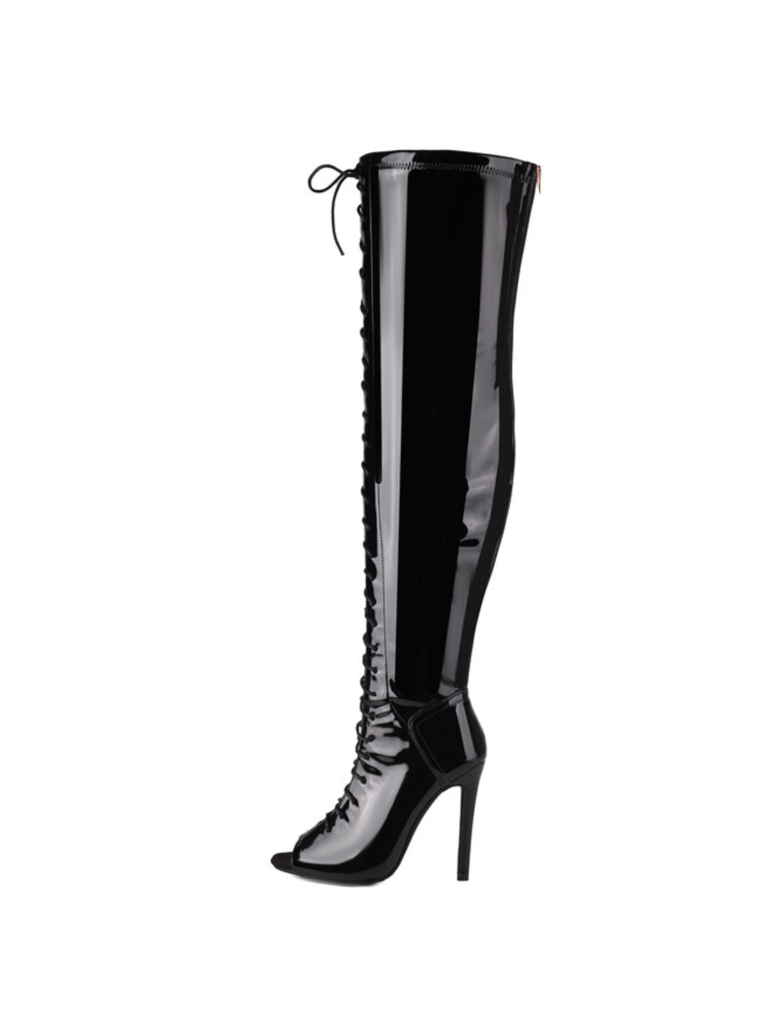 Black Lace-Up High-Heel Thigh-High Peep Toe Boots
