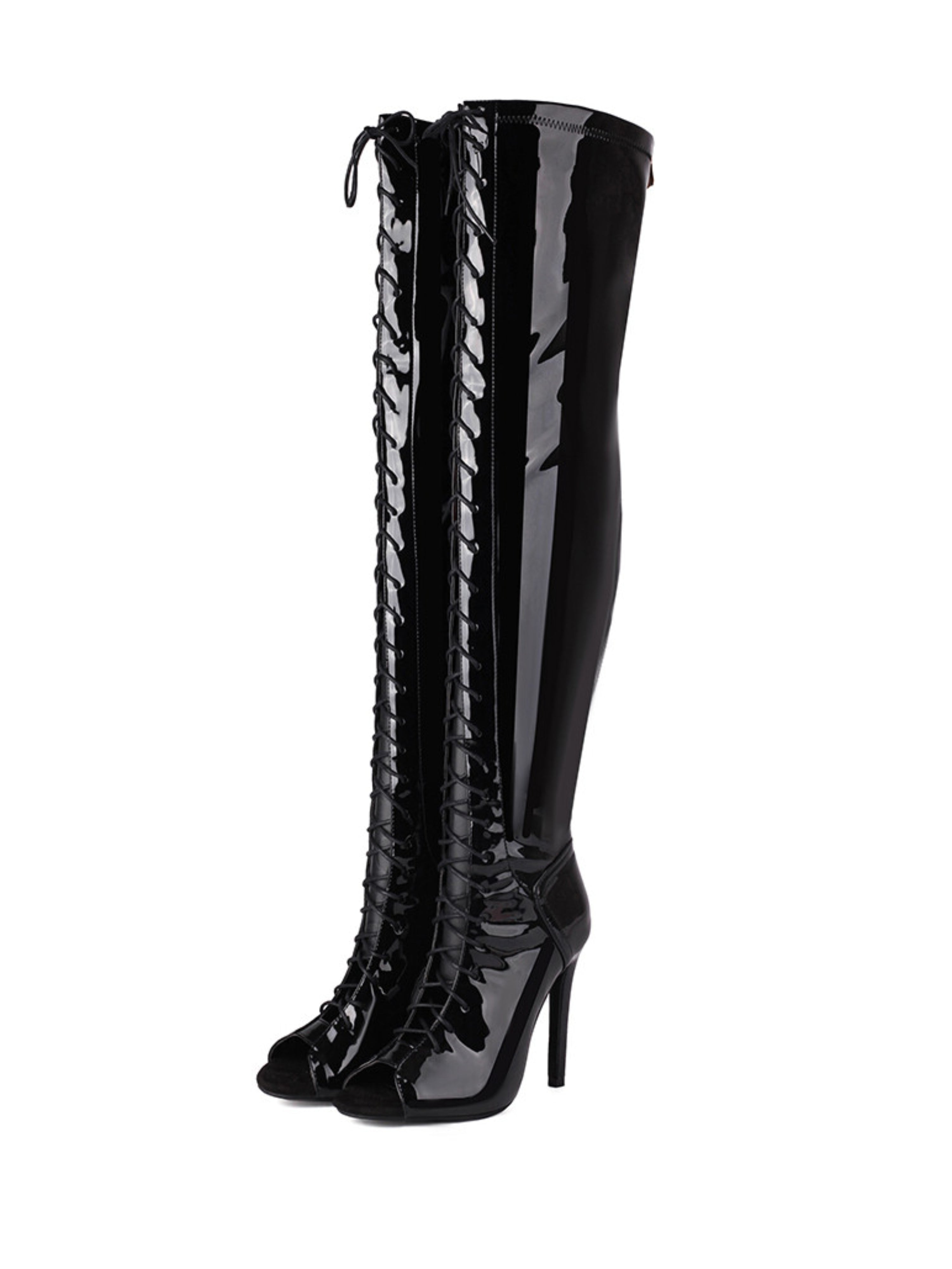 Black Lace-Up High-Heel Thigh-High Peep Toe Boots