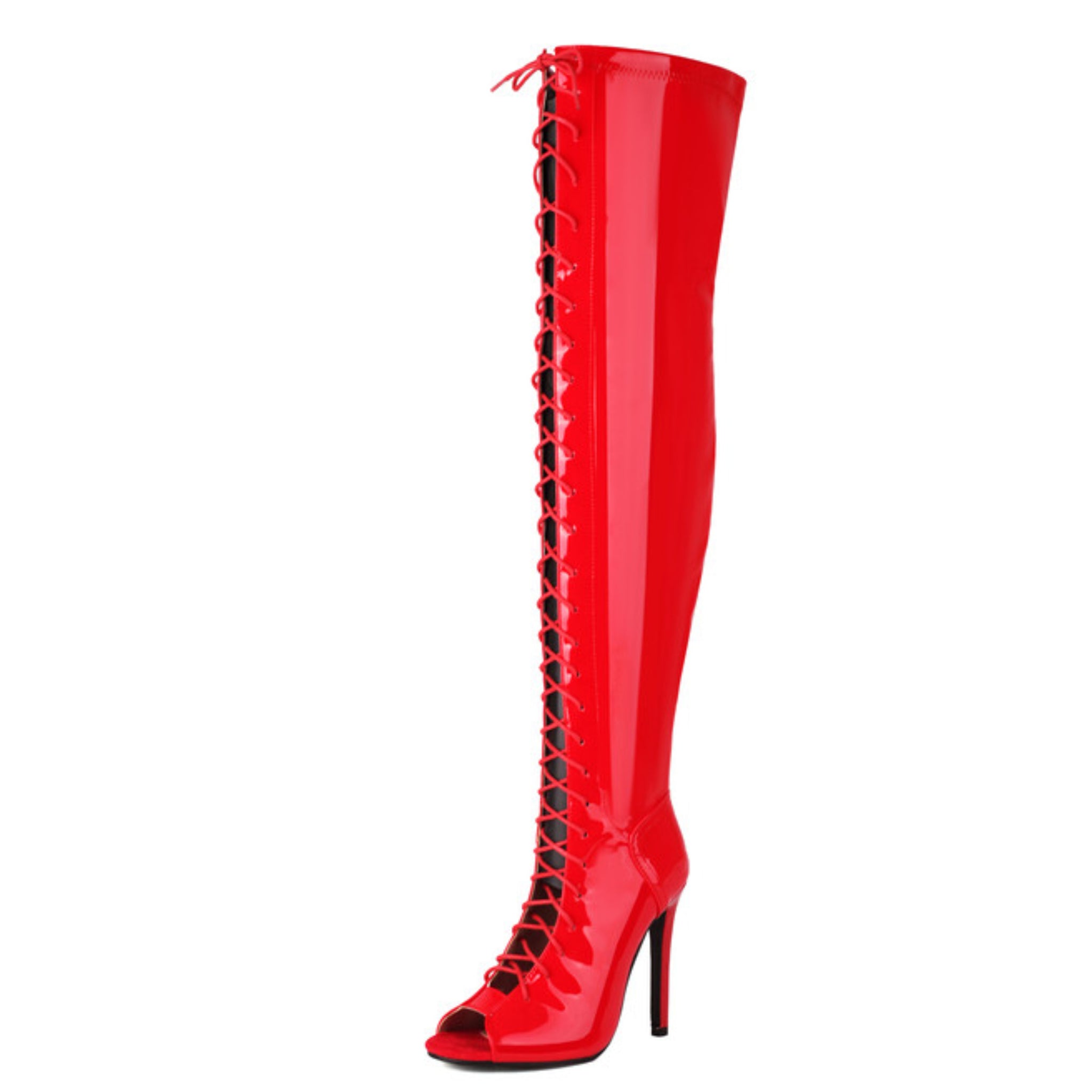 Red Peep Toe Lace-Up Over-The-Knee Boots Women