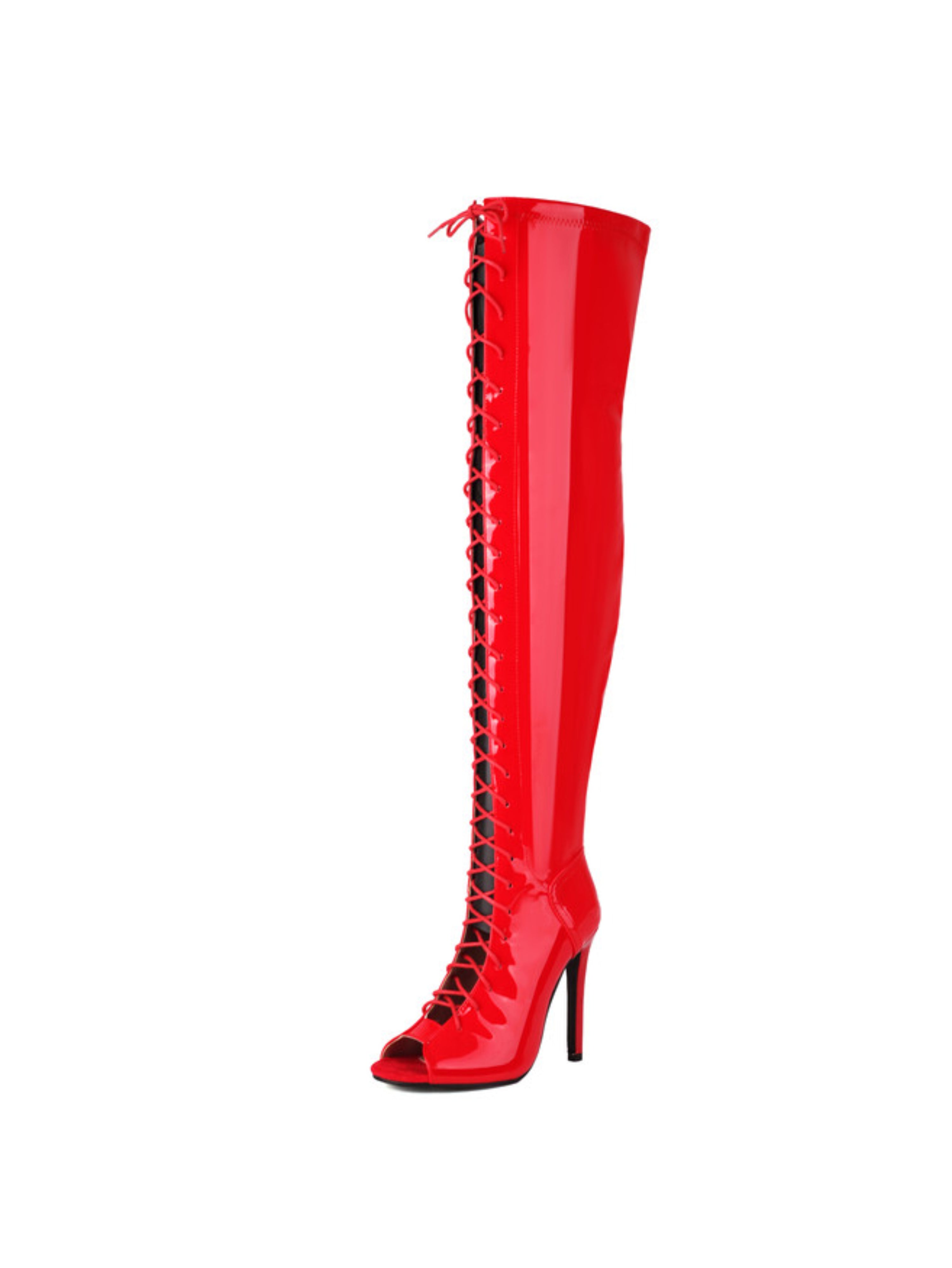 Red Peep Toe Lace-Up Over-The-Knee Boots Women