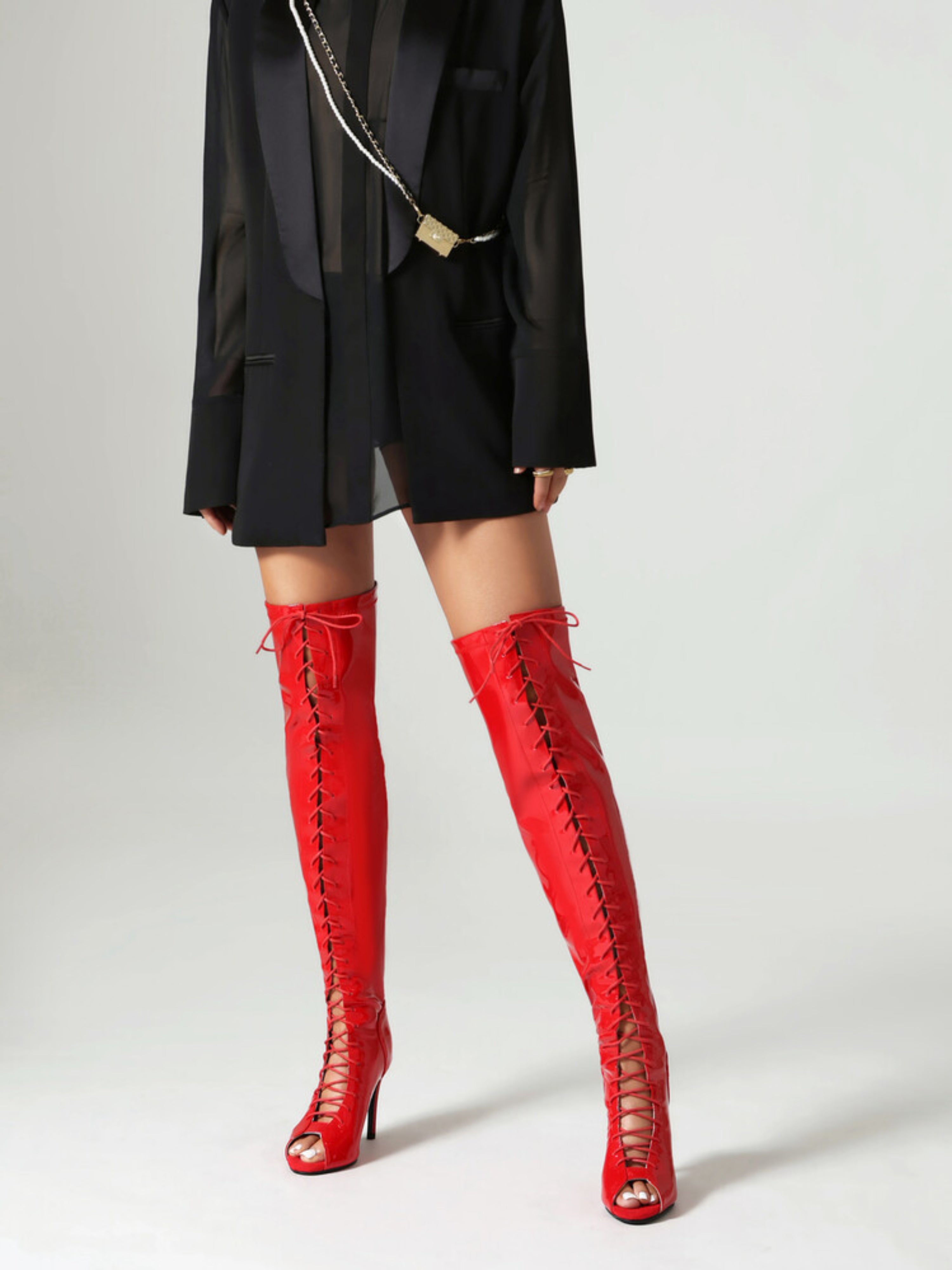 Red Peep Toe Lace-Up Over-The-Knee Boots Women