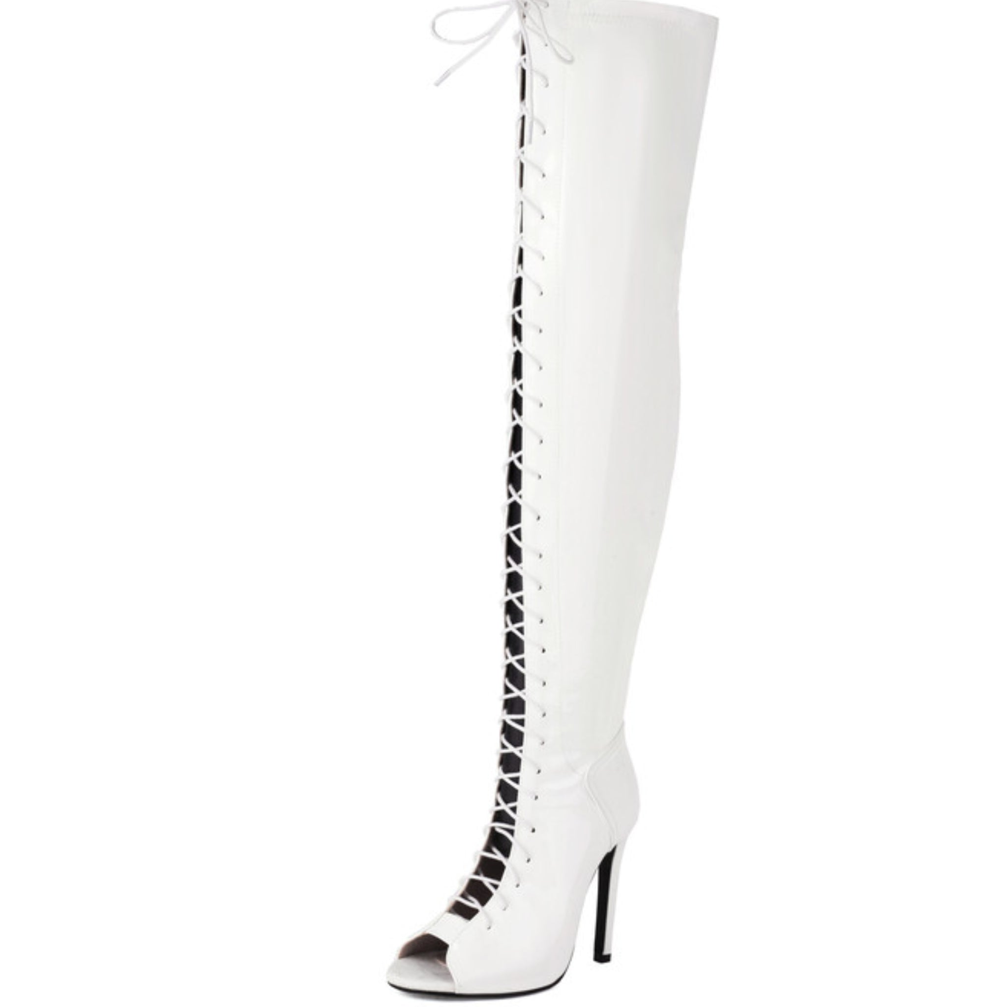 White Faux Leather Peep Toe Women's Thigh-High Boots