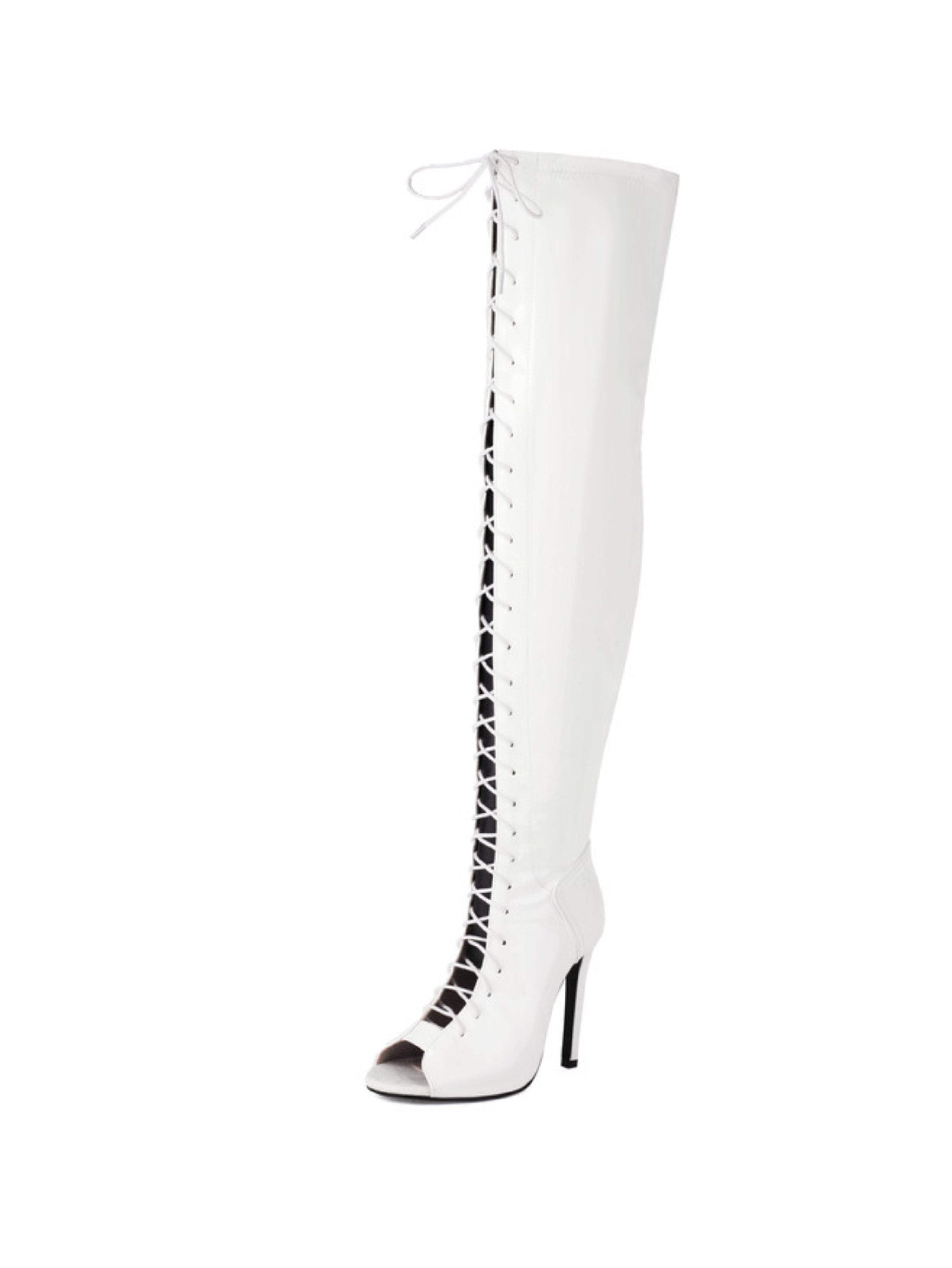 White Faux Leather Peep Toe Women's Thigh-High Boots