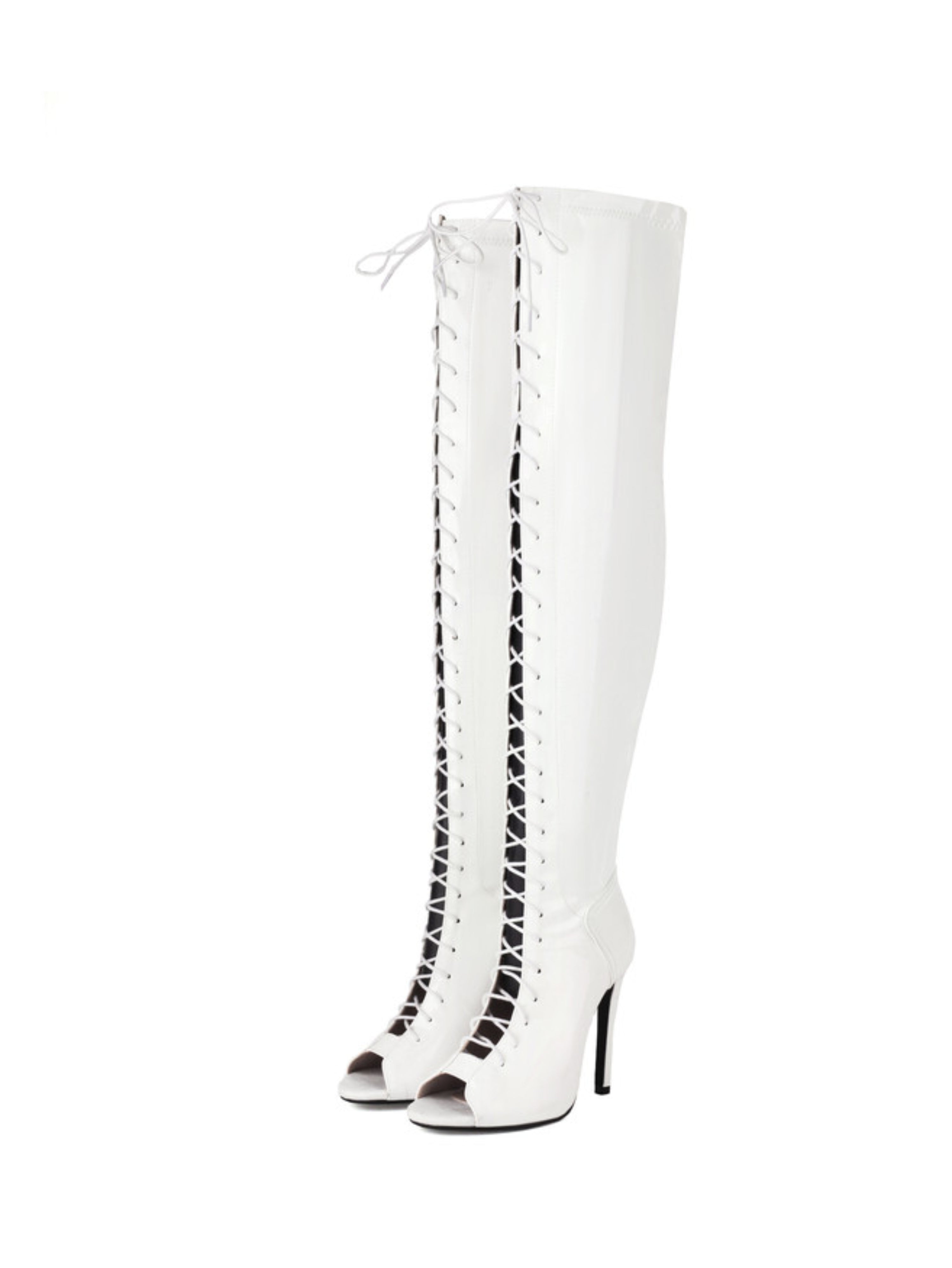 White Faux Leather Peep Toe Women's Thigh-High Boots
