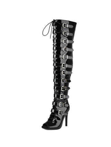 Black Peep Toe Lace-Up Buckled Over-The-Knee Boots Women