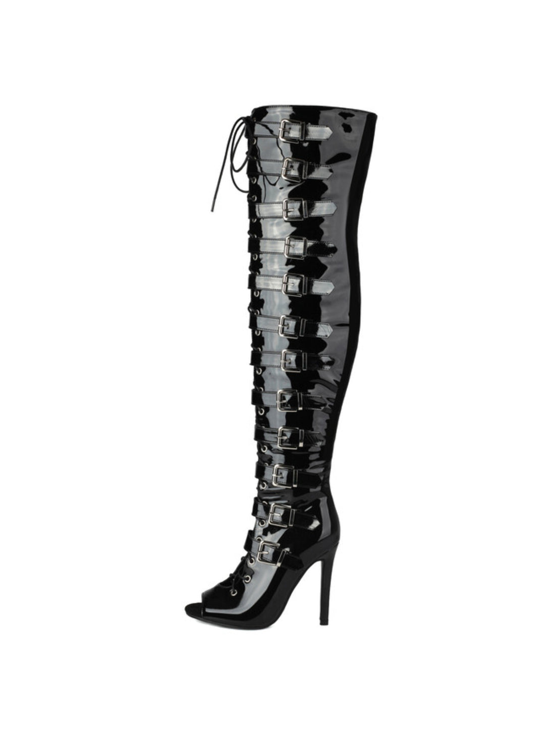 Black Peep Toe Lace-Up Buckled Over-The-Knee Boots Women