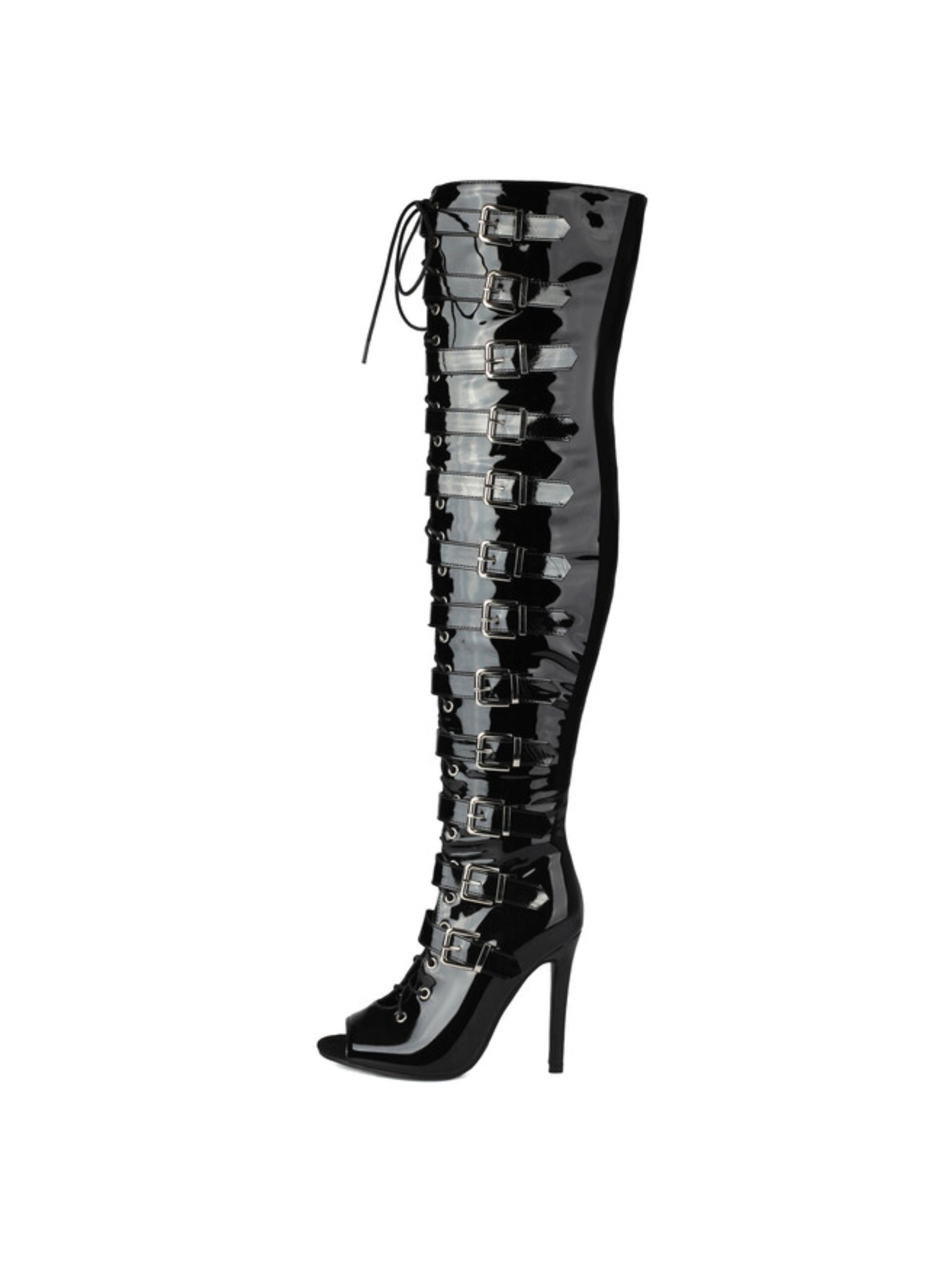 Black Peep Toe Lace-Up Buckled Over-The-Knee Boots Women