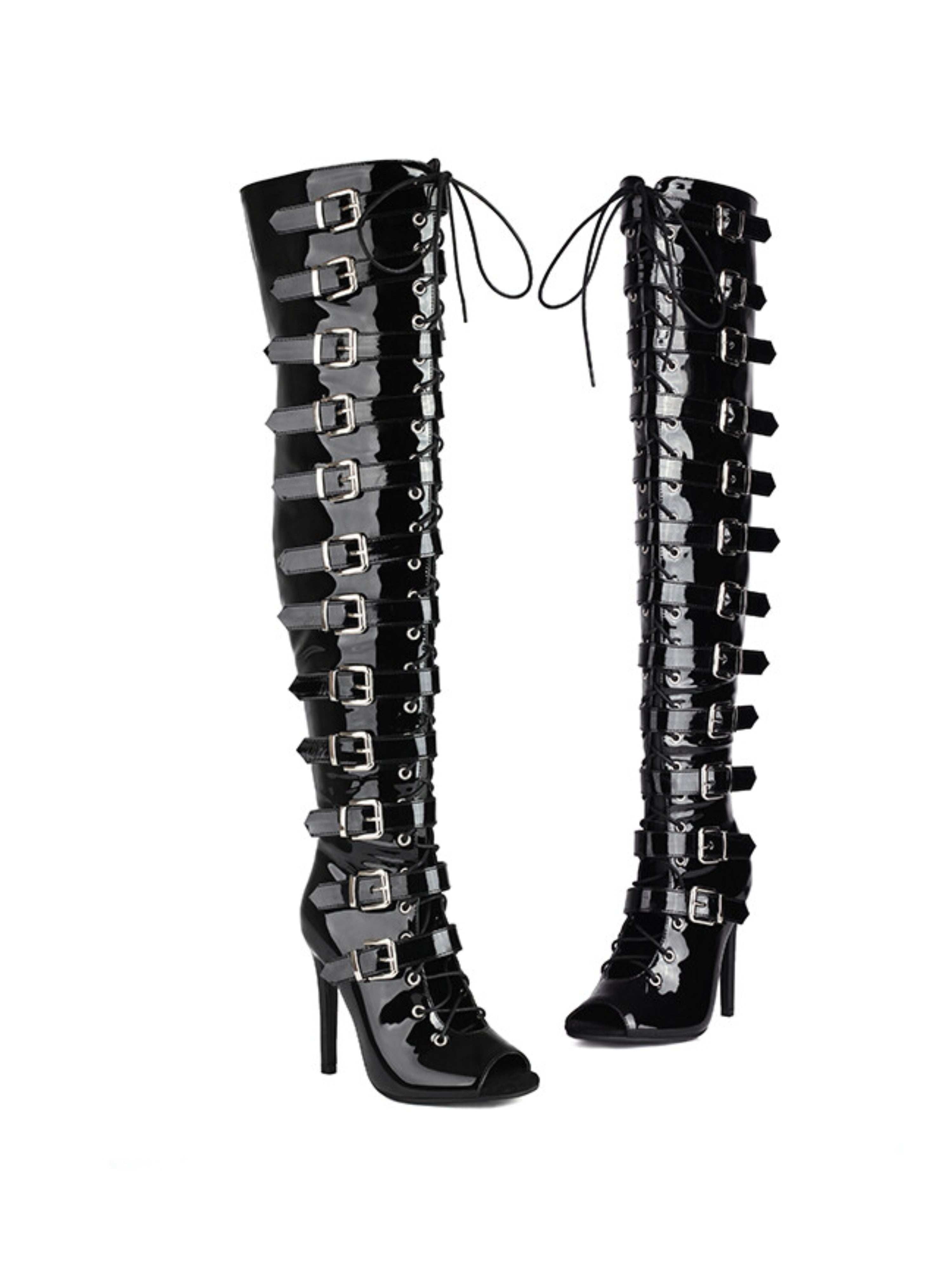Black Peep Toe Lace-Up Buckled Over-The-Knee Boots Women