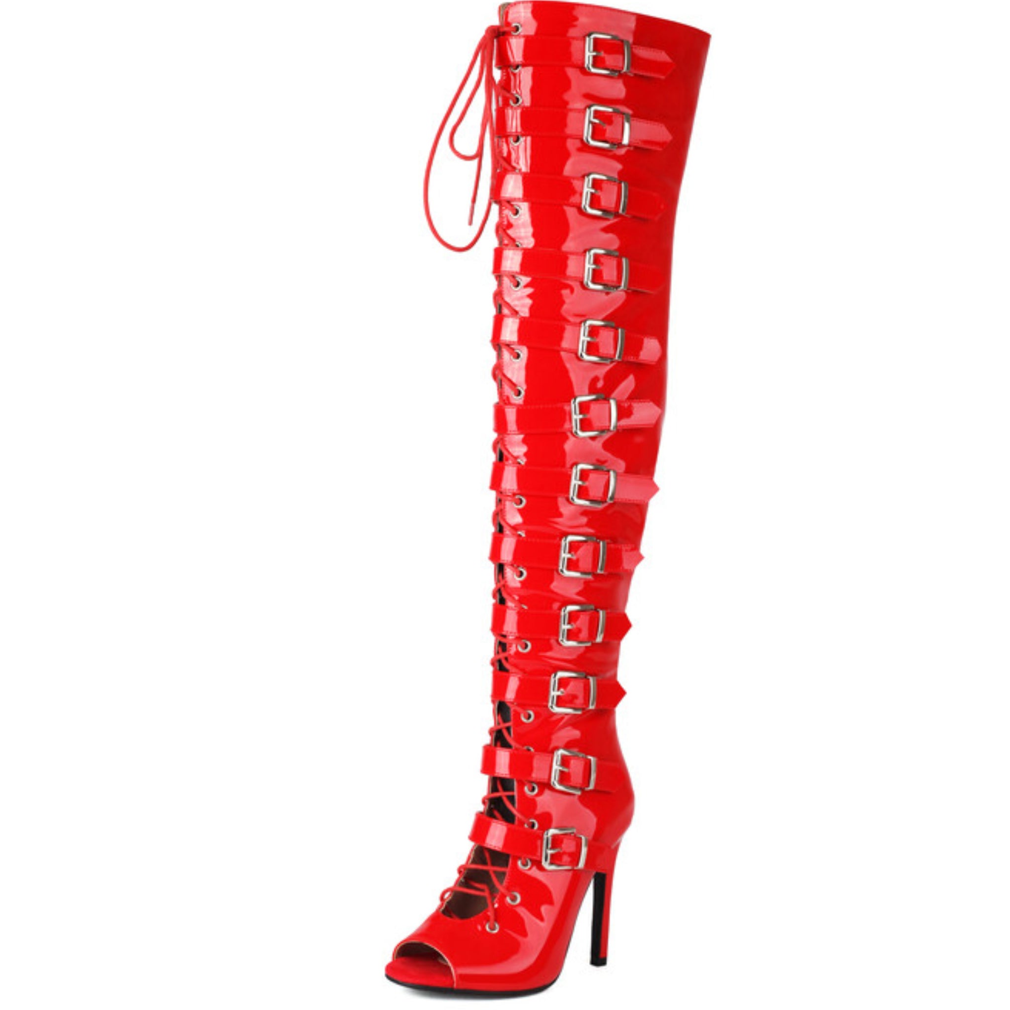 Red Lace-Up Women's Thigh-High Peep Toe Boots with Buckles