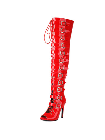 Red Lace-Up Women's Thigh-High Peep Toe Boots with Buckles