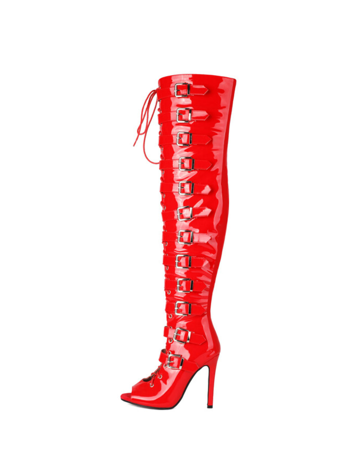 Red Lace-Up Women's Thigh-High Peep Toe Boots with Buckles