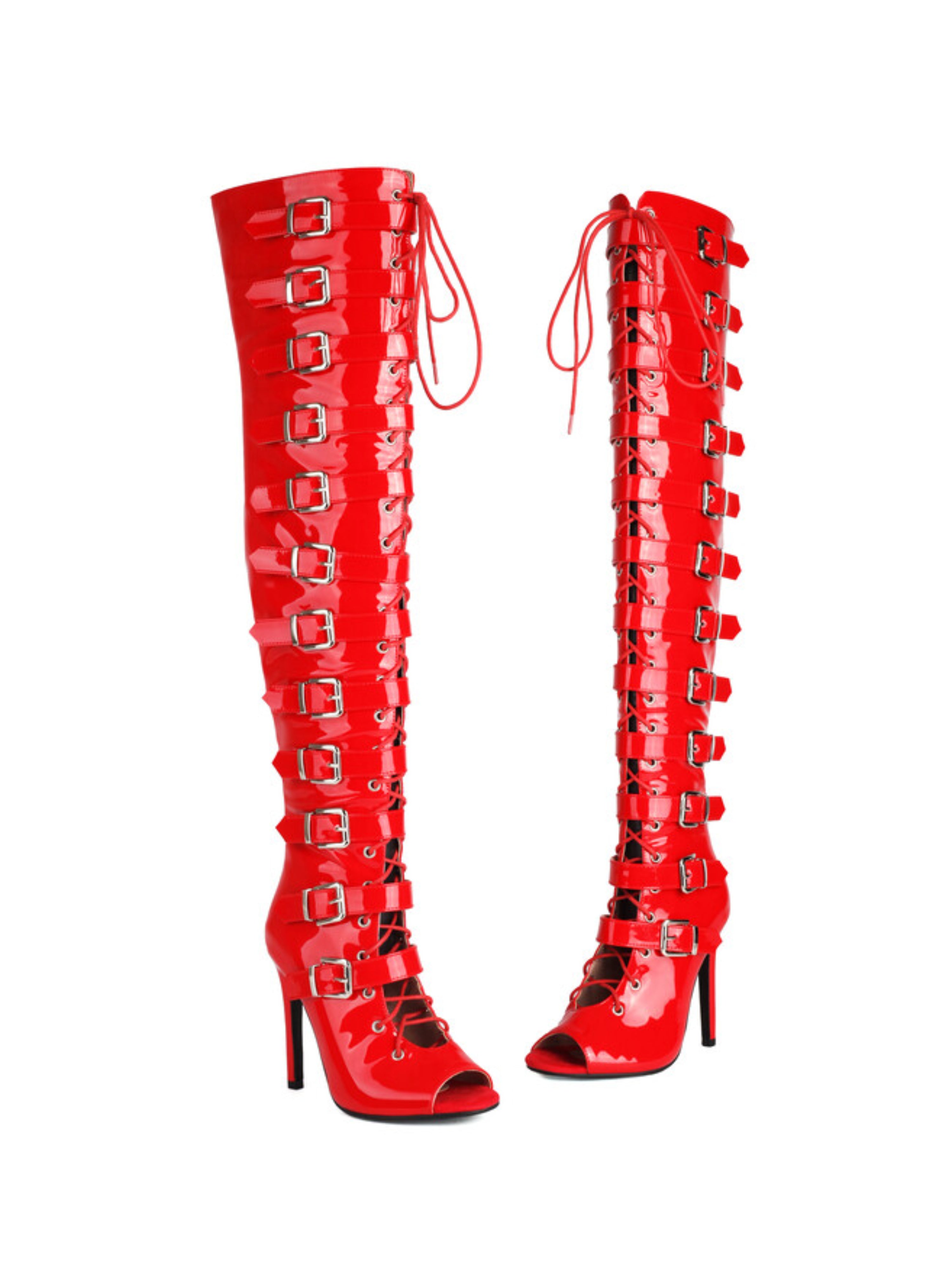 Red Lace-Up Women's Thigh-High Peep Toe Boots with Buckles