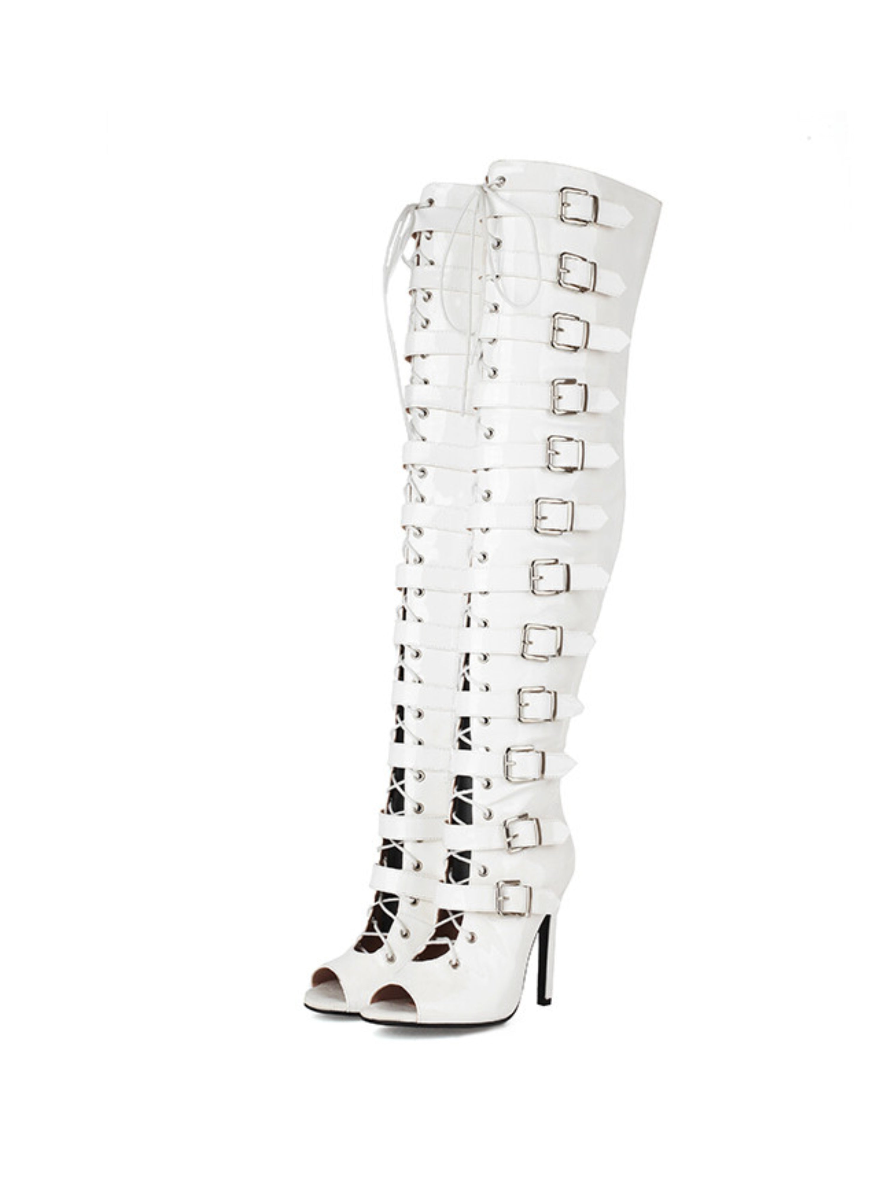 White Peep Toe High-Heel Thigh-High Buckled Boots for Women