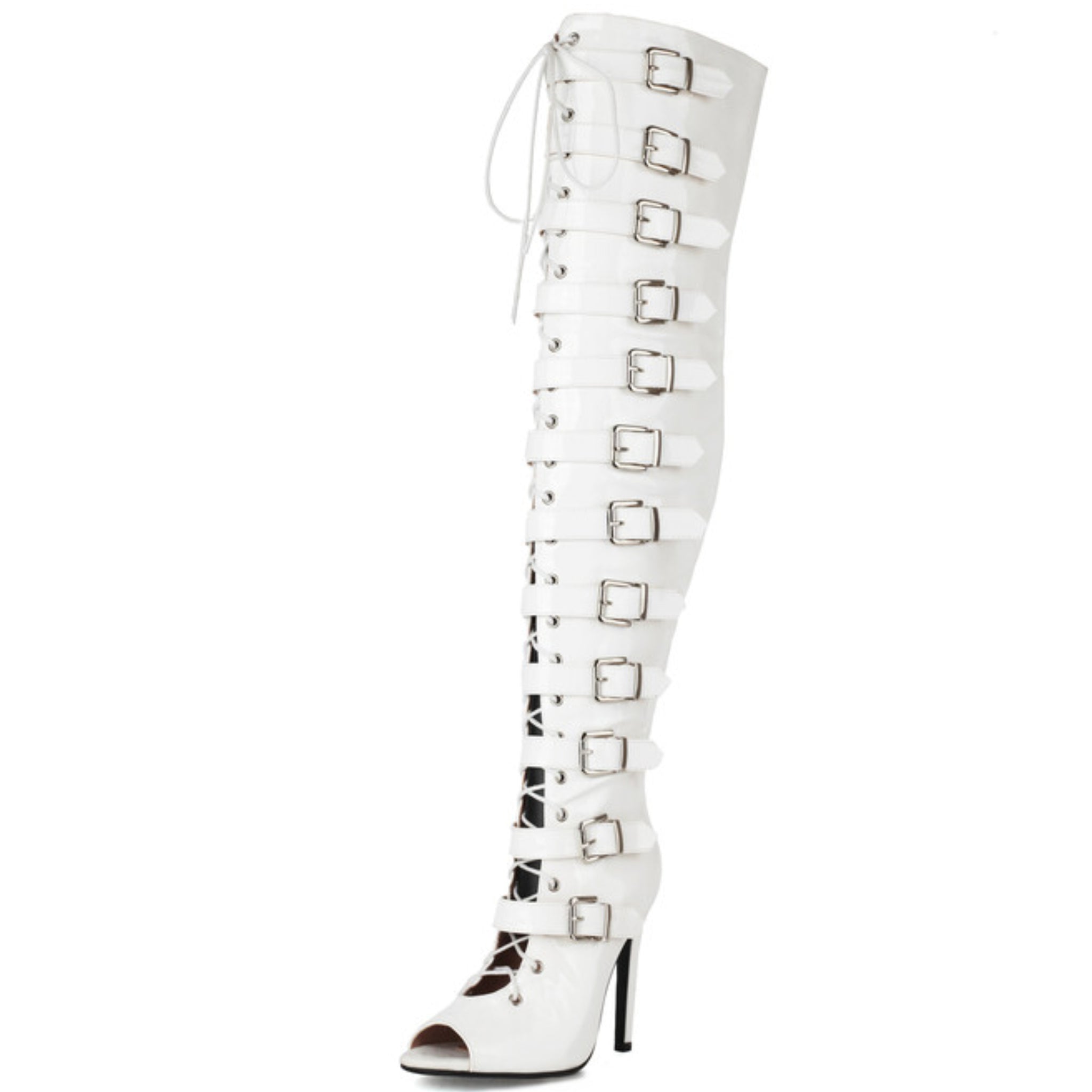 White Peep Toe High-Heel Thigh-High Buckled Boots for Women