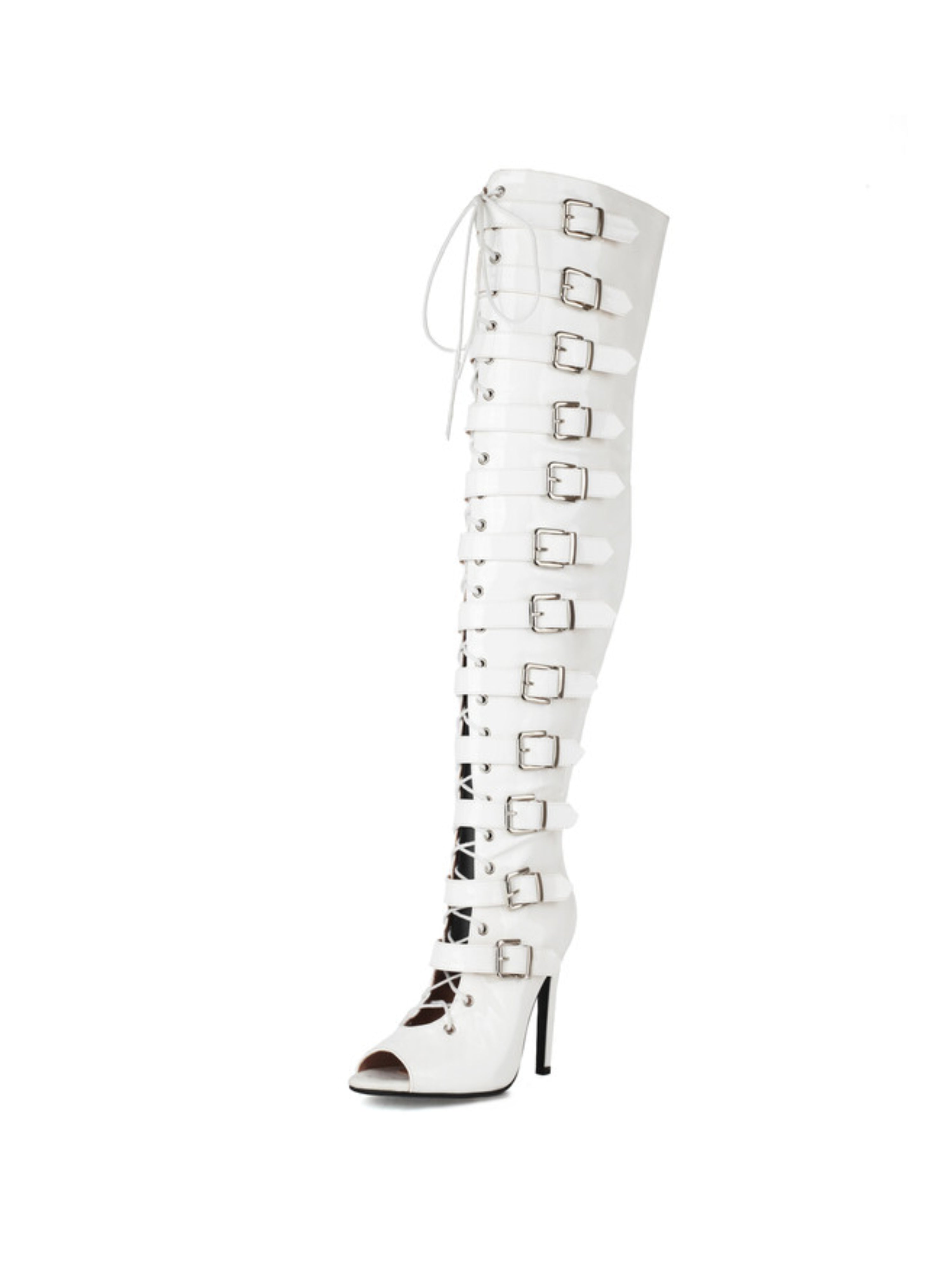 White Peep Toe High-Heel Thigh-High Buckled Boots for Women