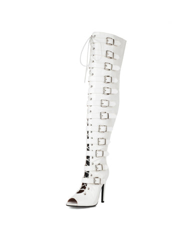 White Peep Toe High-Heel Thigh-High Buckled Boots for Women