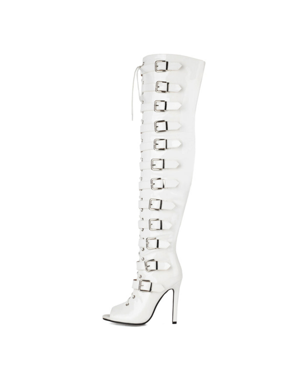 White Peep Toe High-Heel Thigh-High Buckled Boots for Women