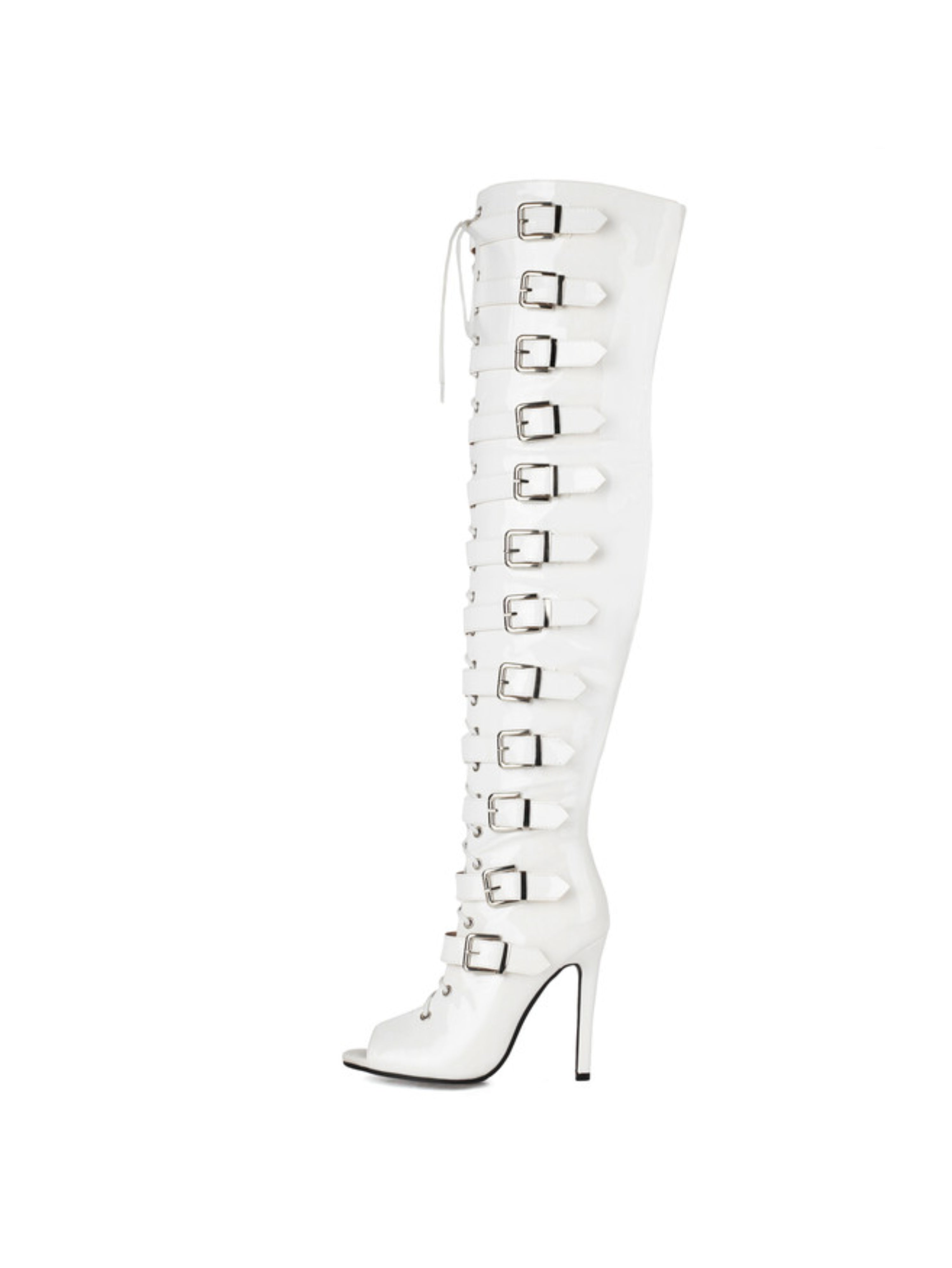 White Peep Toe High-Heel Thigh-High Buckled Boots for Women