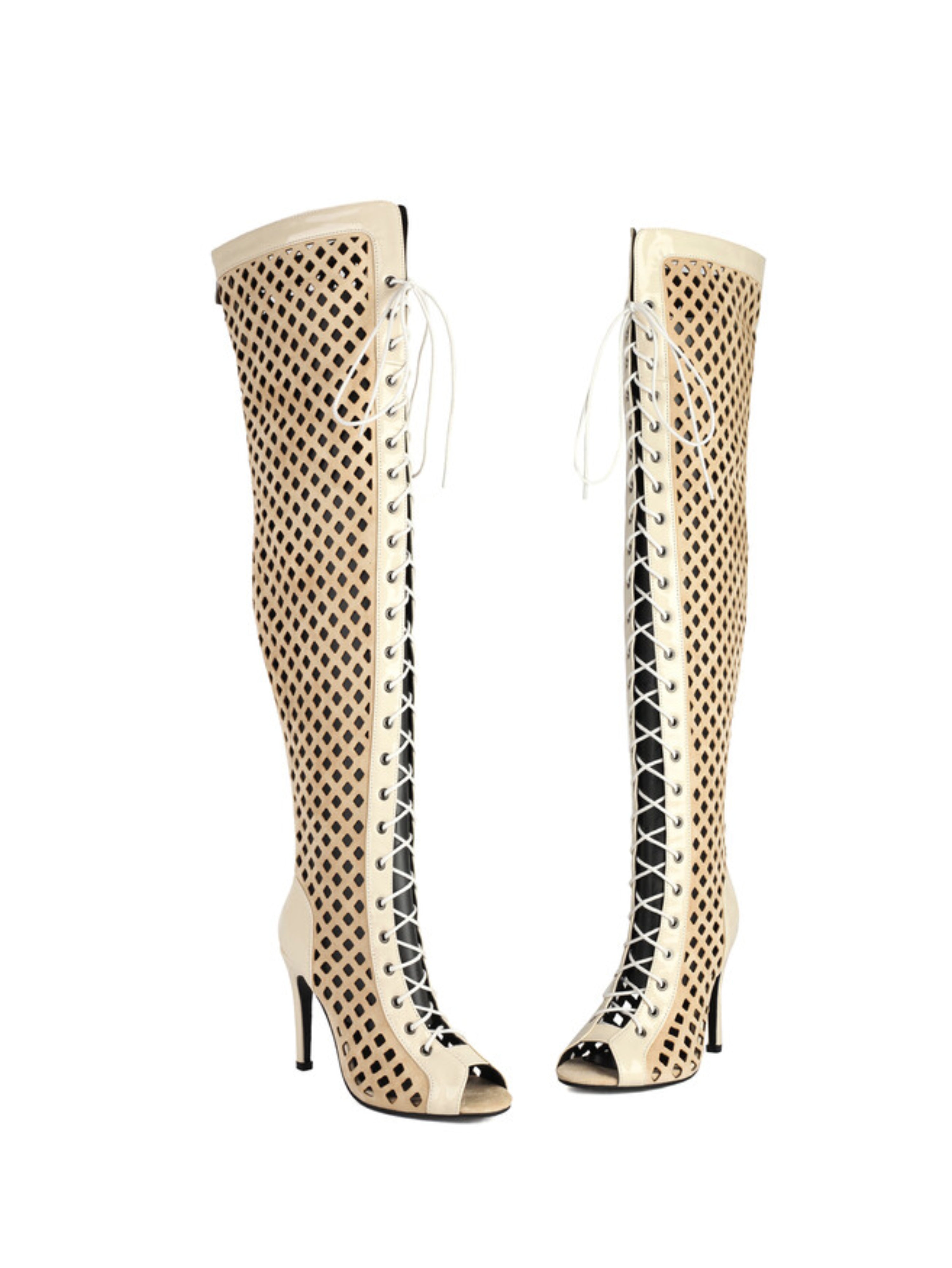 Beige Lace-Up Peep Toe Thigh-High Boots with Heels