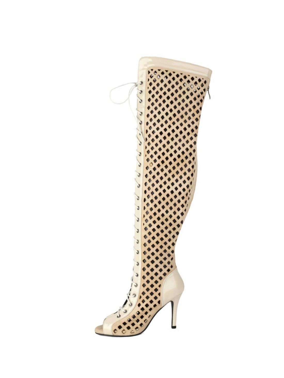Beige Lace-Up Peep Toe Thigh-High Boots with Heels