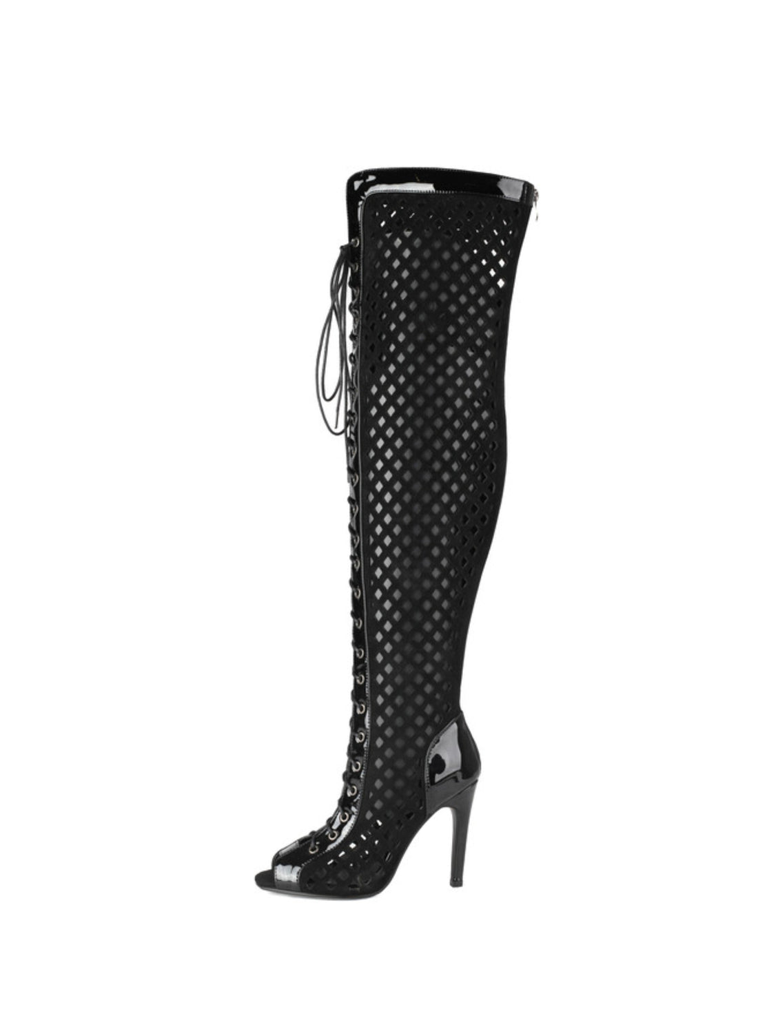 Black Fishnet Stiletto Peep Toe Lace-Up Over-The-Knee Boots