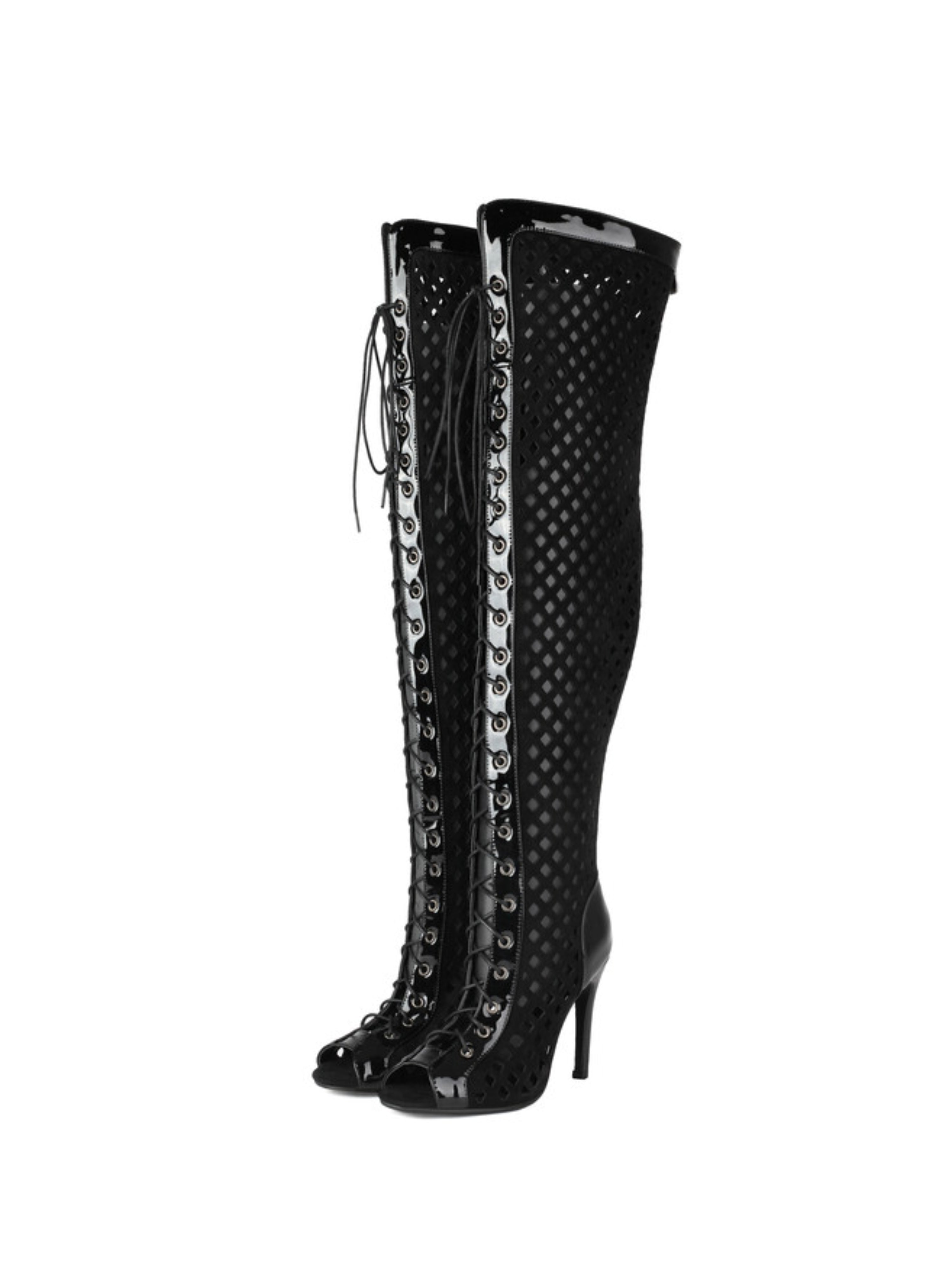 Black Fishnet Stiletto Peep Toe Lace-Up Over-The-Knee Boots