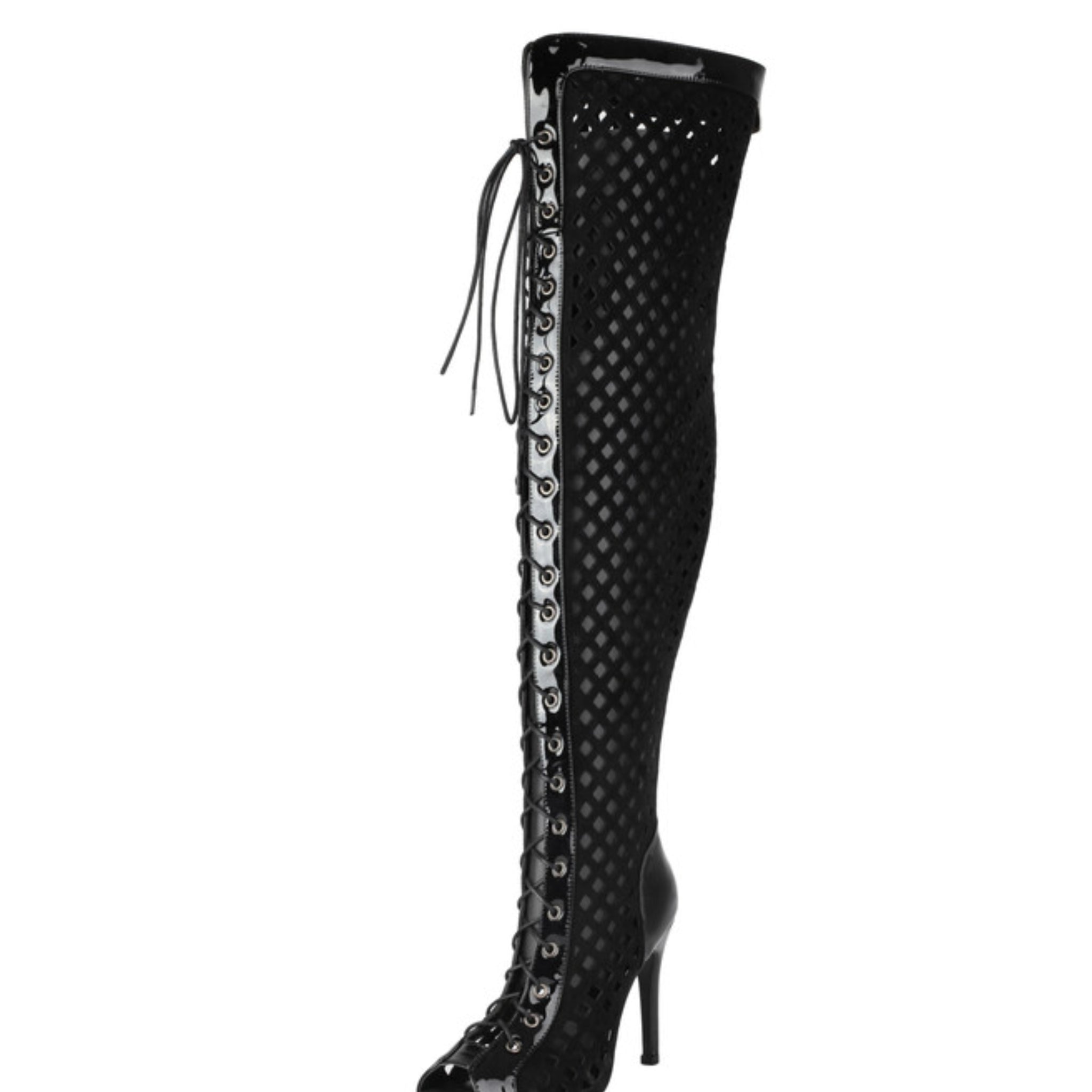 Black Fishnet Stiletto Peep Toe Lace-Up Over-The-Knee Boots