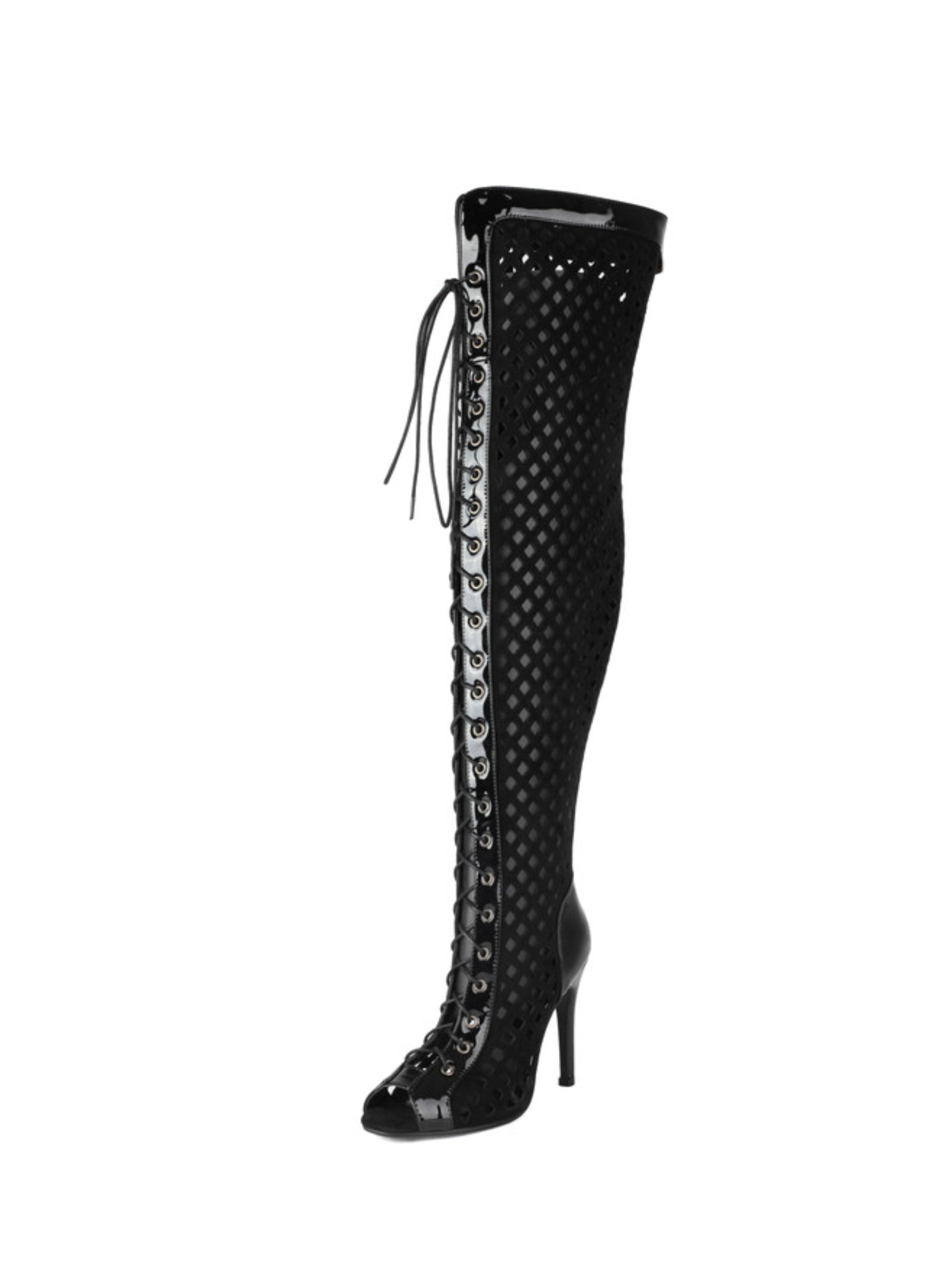 Black Fishnet Stiletto Peep Toe Lace-Up Over-The-Knee Boots